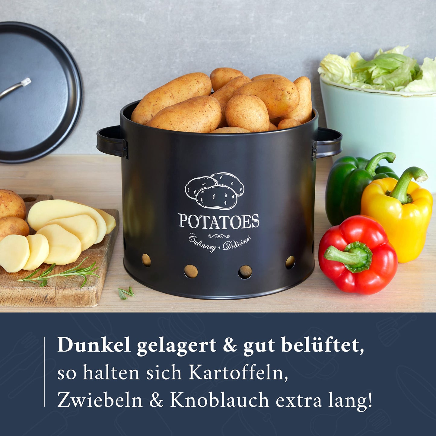 HIKITCHEN® Vorratsbehälter-Set für länger frisches Gemüse (schwarz) - Stilvolle Kartoffel-, Knoblauch- und Zwiebel-box/topf - Gemüsebehälter