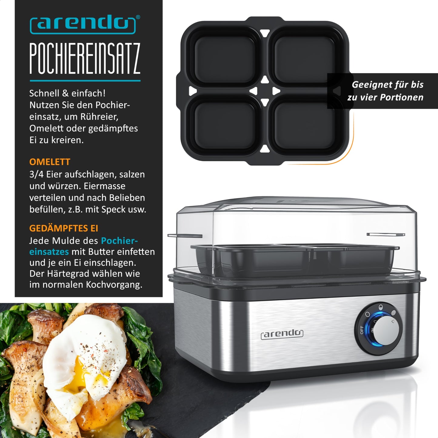 Arendo - Eierkocher Edelstahl für 1 bis 8 Eier - Egg Cooker - 500 W – Kontroll Leuchte – Drehregler für drei Härtegrade - spülmaschinengeeignet | Cool Grey