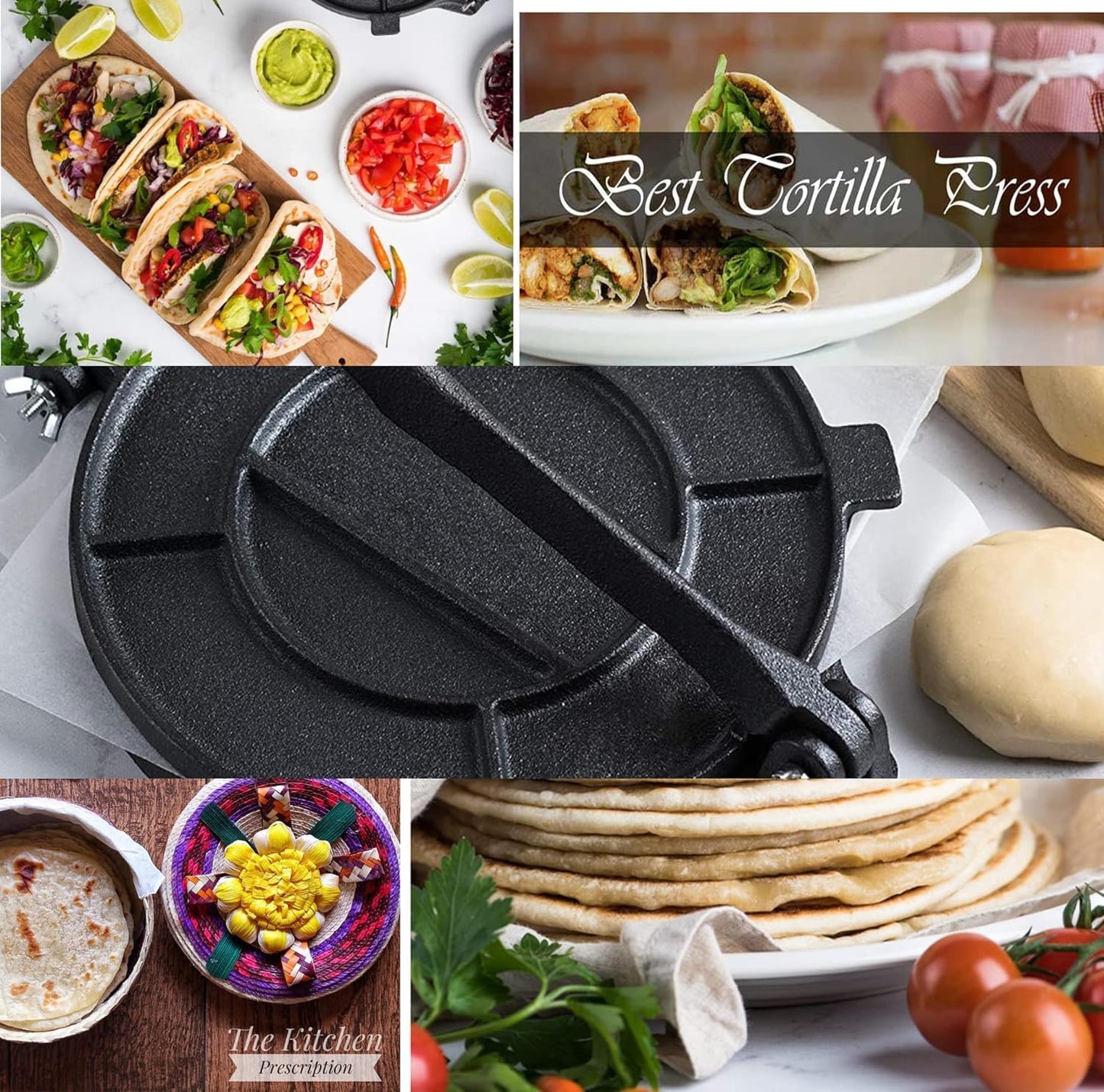 Tortilla Presse - Gusseisen Tortilla Press 25cm, Roti Maker, Pre-Seasoned Tortilla Maker, Heavy- Duty Taco Presse, Justierbare Tortilla Presse für hausgemachte Tortillas, Schwarz