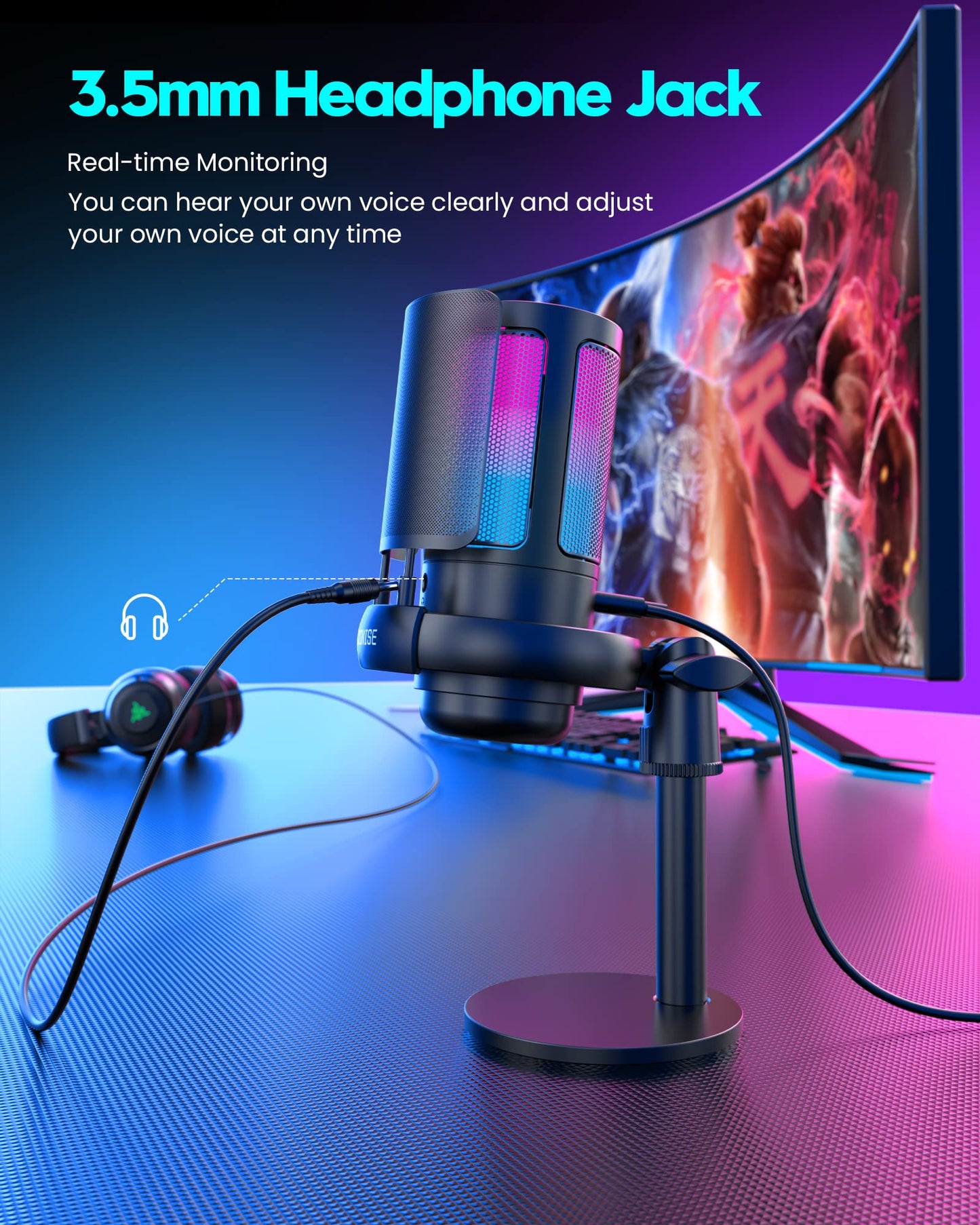 Gaming Mikrofon PC RGB, COCONISE, für Streaming Podcast Studio, USB Microphone für PS4 PS5 Mac, Ein-Klick-Stummschaltung, Mit 3,5-mm-Kopfhöreranschluss,Drehregler zum Einstellen der Lautstärke