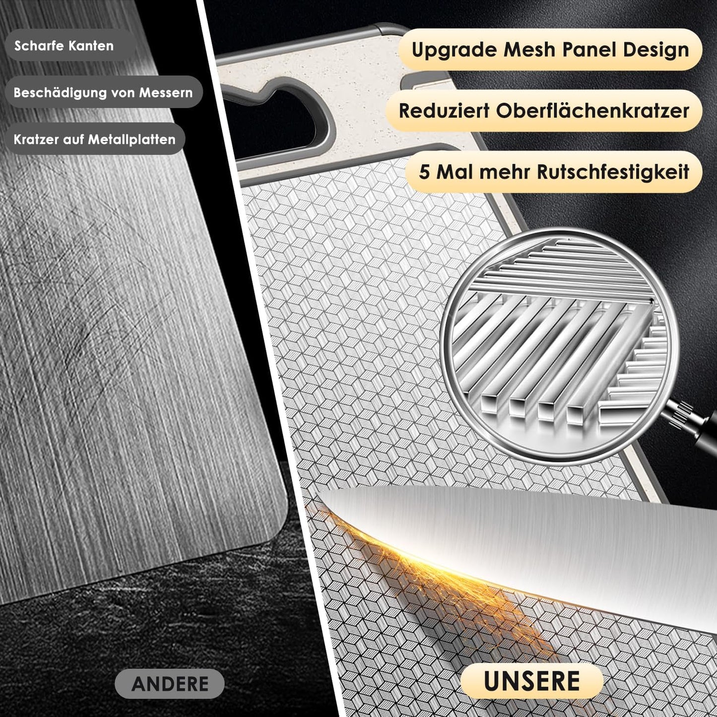 Doppelseitiges Schneidebrett, Lebensmittelechter 304 Edelstahl und Stroh PP, Robust, Kratzfestes Netzdesign für die Getrennte Handhabung von Fleisch und Gemüse, Spülmaschinenfest (36,5 x 25cm)