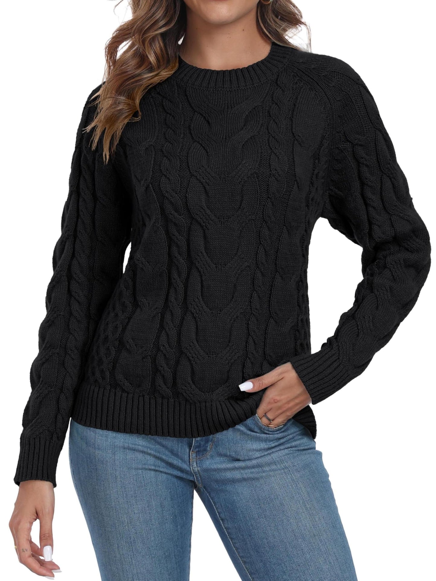 QIXING Women's Cable Knit Sweater – Elegant Long Sleeve Round Neck Winter Pullover