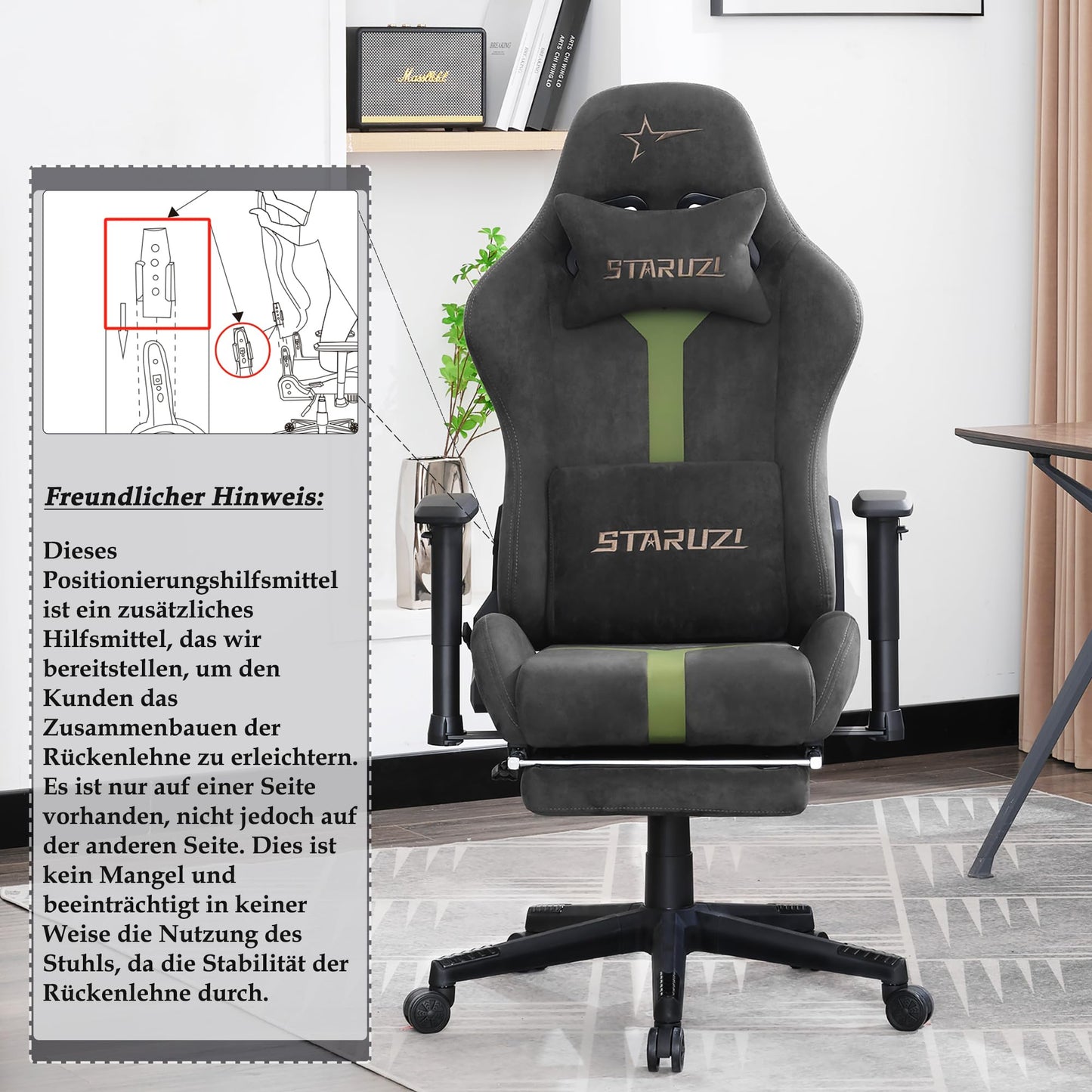 STARUZI Gaming Stuhl aus Wildlederimitat Stoff, Ergonomischer PC Stuhl, Gamer Stuhl mit Fußstütze, Atmungsaktiver Game Drehsessel mit Verstellbare Armlehne, Grau-Grün