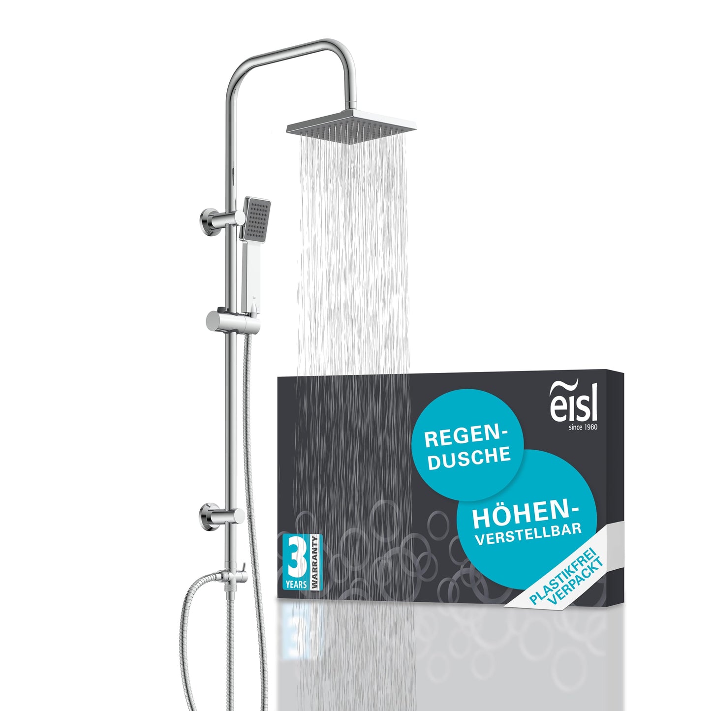EISL Duschset EASY FRESH, Duschsystem ohne Armatur 2 in 1 mit großer Regendusche (250 x 200 mm) und Handbrause, Regendusche ohne Armatur ideal zum Nachrüsten, komplettes Montageset, Chrom DX12006