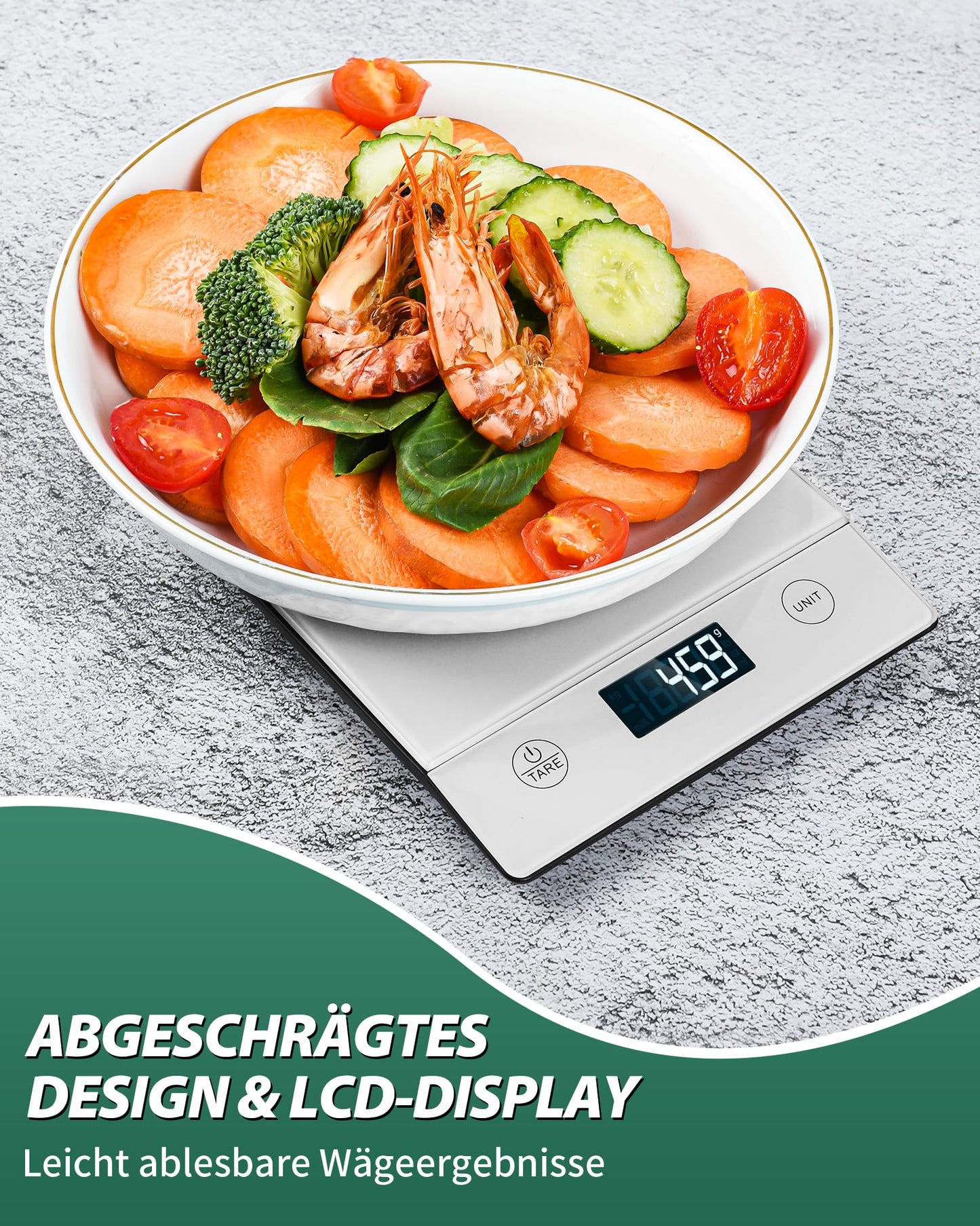 Küchenwaage Digital,Küchenwaage Geneigtes Display,Waage Küchenwaage 10KG,Hochpräzise 1g Digitale Küchenwaage mit Tara-Funktion,Schwarz Glas Lebensmittelwaage Wasserdicht,Touchscreen inkl. Batterien