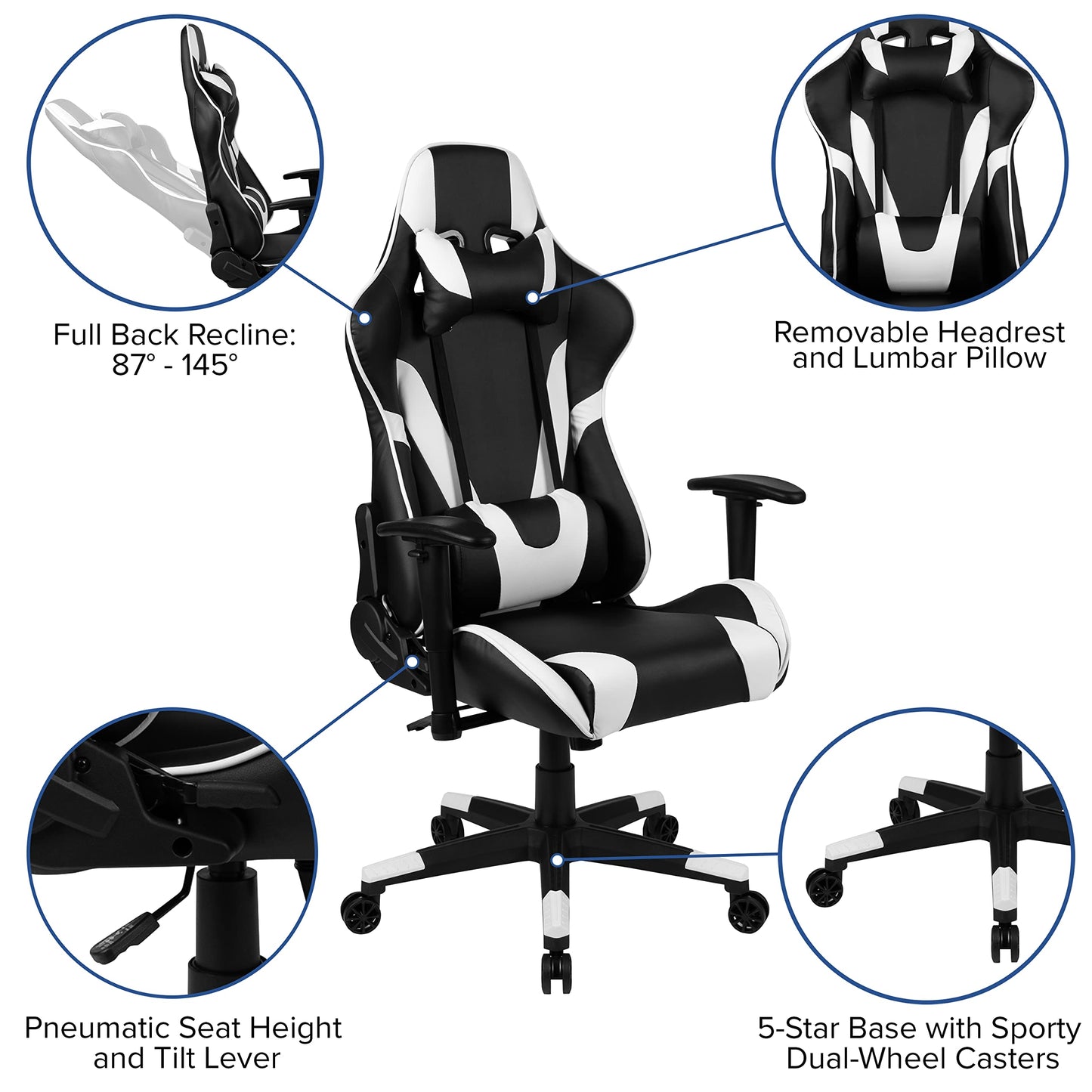 Flash Furniture X30 Gaming-Stuhl, ergonomischer Bürostuhl für PC- und Gaming-Setups, verstellbarer Rennsport-Stuhl mit vollständig verstellbarer Rückenunterstützung, schwarz mit weißer Verzierung