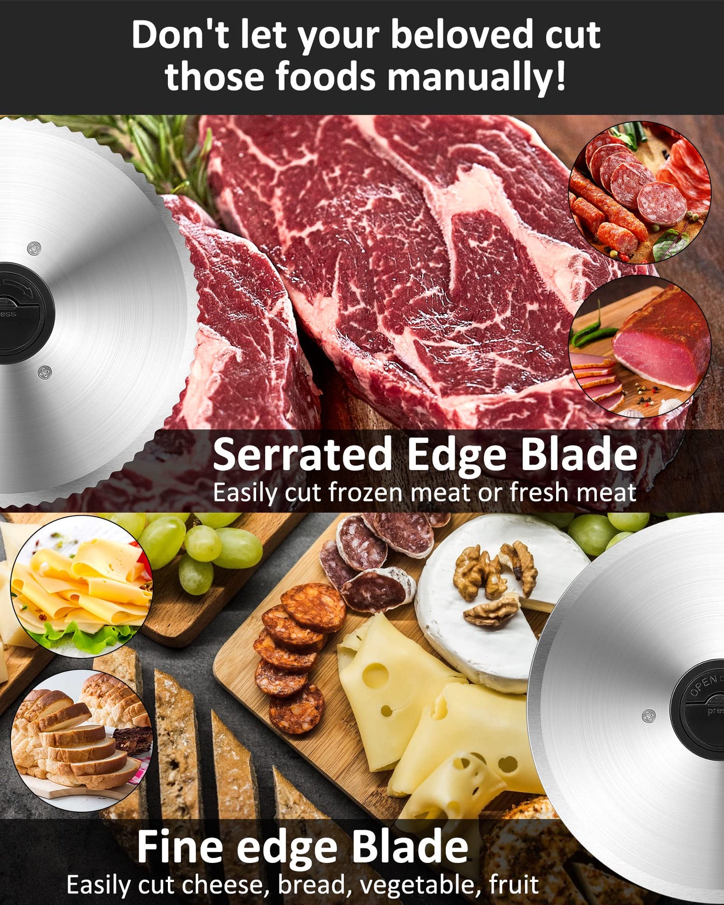 200 Watt Electric Slicer Stainless Steel - Adjustable Food Processor 0 to 15mm - 2 Blades - Sausage Slicer - Bread Slicer, Ham Slicer, Electric Knife Meat & Cheese