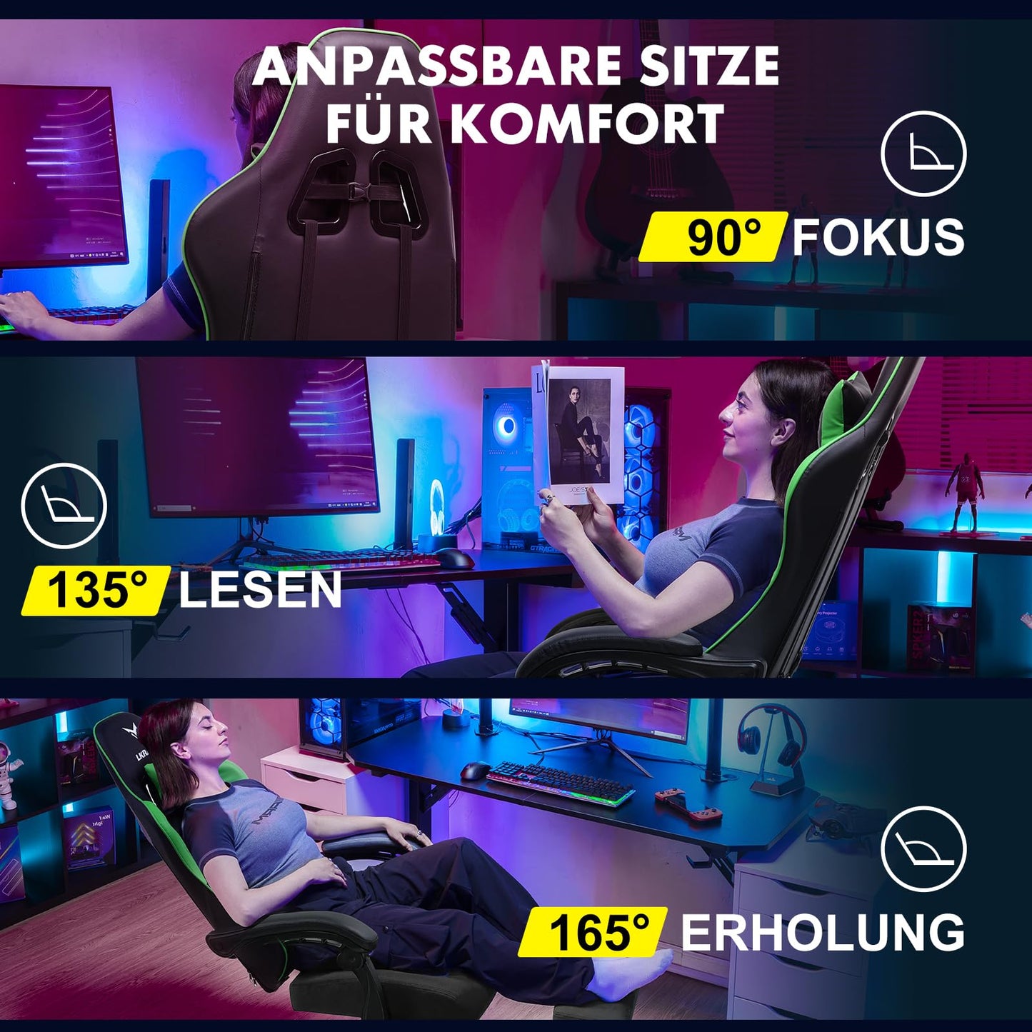 LUCKRACER Gaming Stuhl mit fußstütze Bürostuhl Ergonomisch mit verstellbare Lendenkissen, Kopfkissen Gaming Chair,Höhenverstellbarer Gamer Stuhl, 150 kg Belastbarkeit Grau