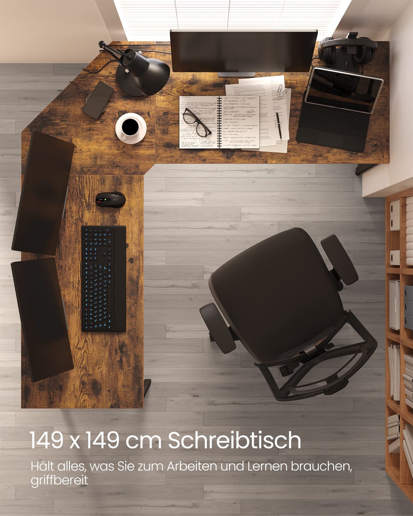 VASAGLE L-Shaped Desk Gaming Table 149 x 149 x 76 cm Corner Desk for Study Home Office Space Saving Easy Assembly Ebony Black Ink Black LWD073B56