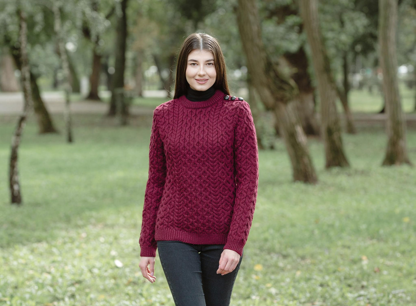 SAOL Women’s Merino Wool Sweater – Aran Knit with Side Buttons