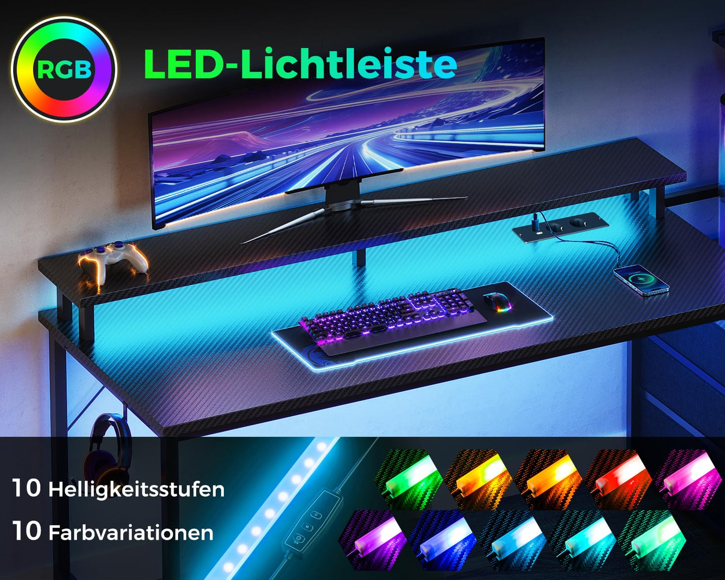 Coleshome Gaming Table with LED Lighting & Socket, Gaming Desk with Drawers, Computer Desk with Shelves & Monitor Stand, Carbon Fibre Black, 151 x 50 cm