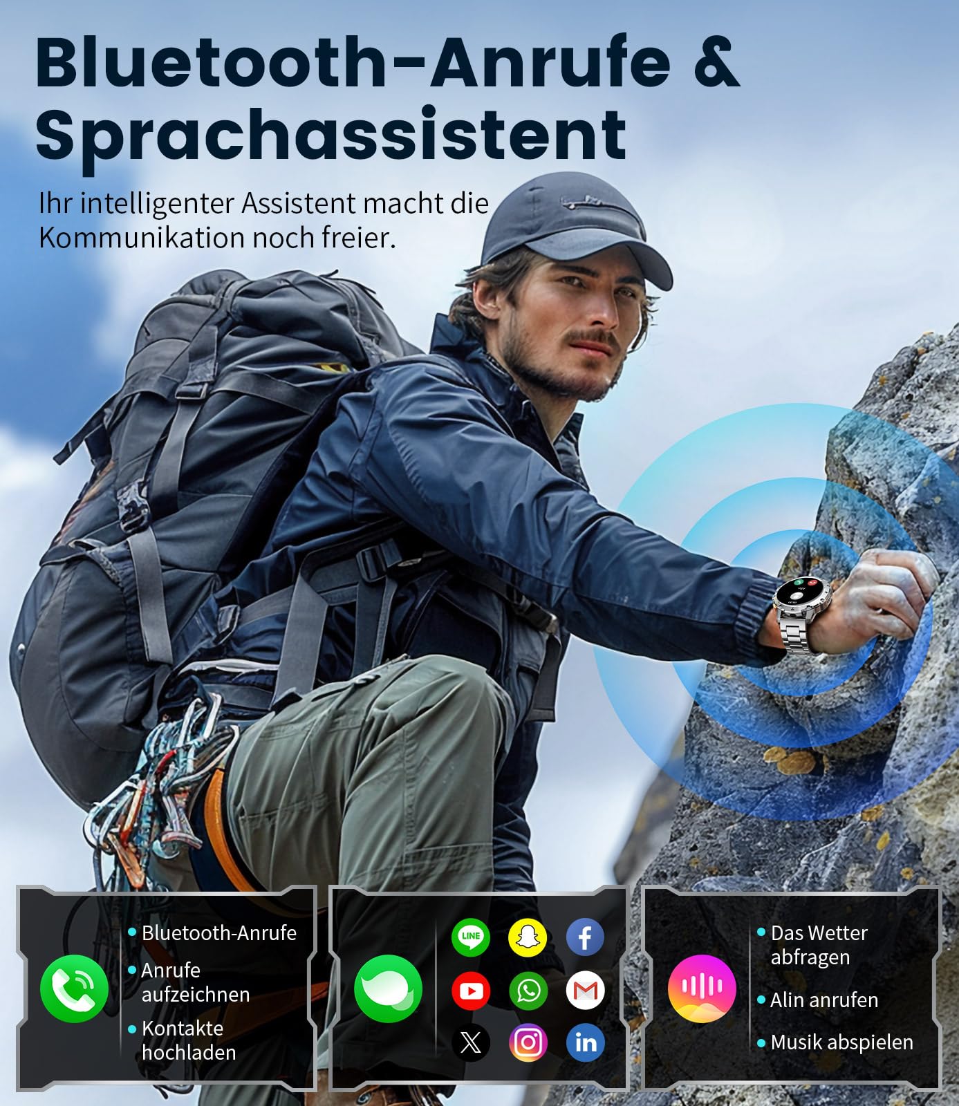 LIGE Smartwatch Herren Militär,Taschenlampe/1.43" AMOLED Sportuhr mit 500 mAh Akku/Telefonfunktion, 110+Sportmodi, IP68 Wasserdicht Smartwatch mit Herzfrequenz/Schlafmonitor für Android iOS,Schwarz