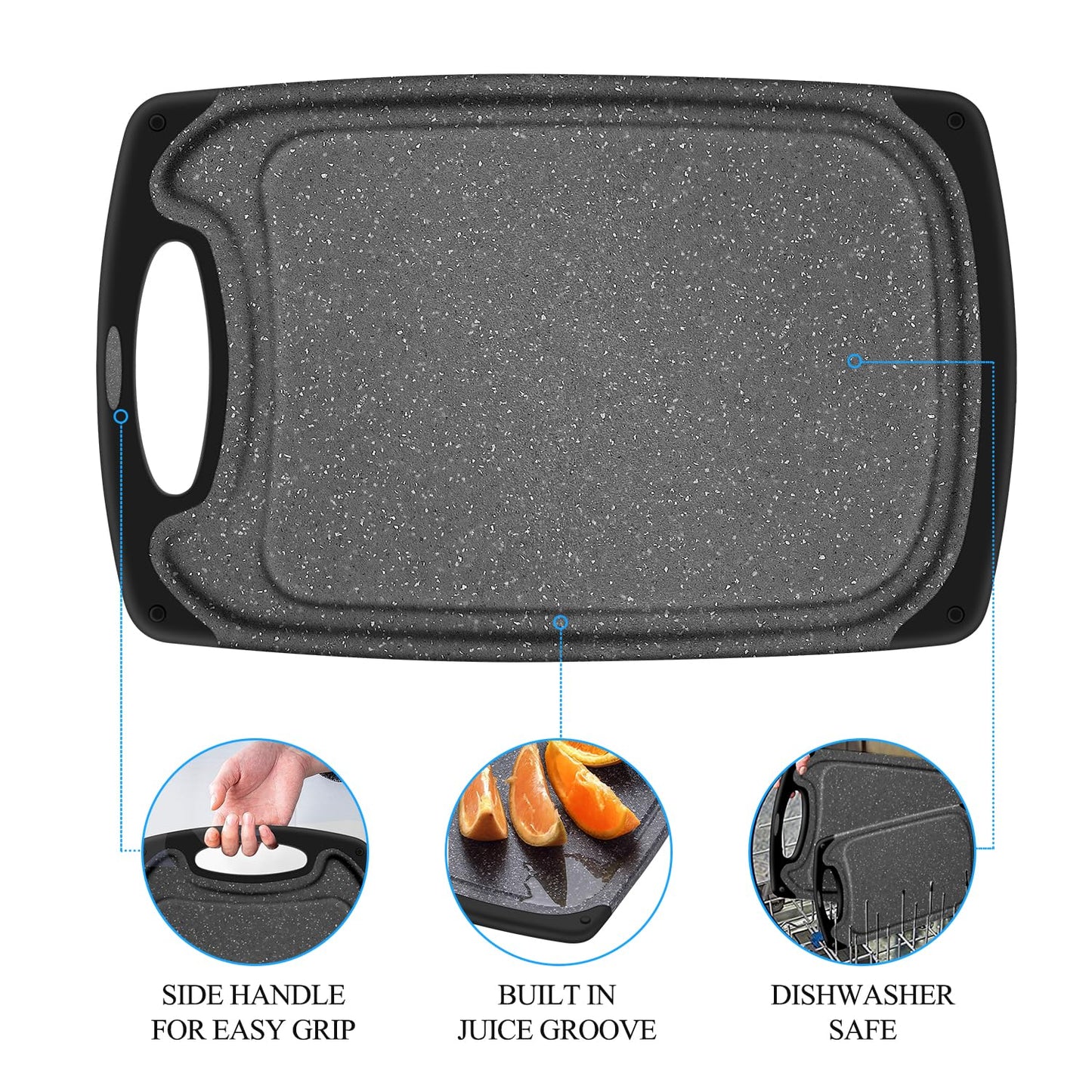 SHURFFY Schneidebrett Kunststoff mit Saftrillen und Rutschfeste Griffe Professionelles Schneidebrett Set, 3 Stücke Cutting Board, BPA-Free, Spülmaschinenfest Küchenbrett