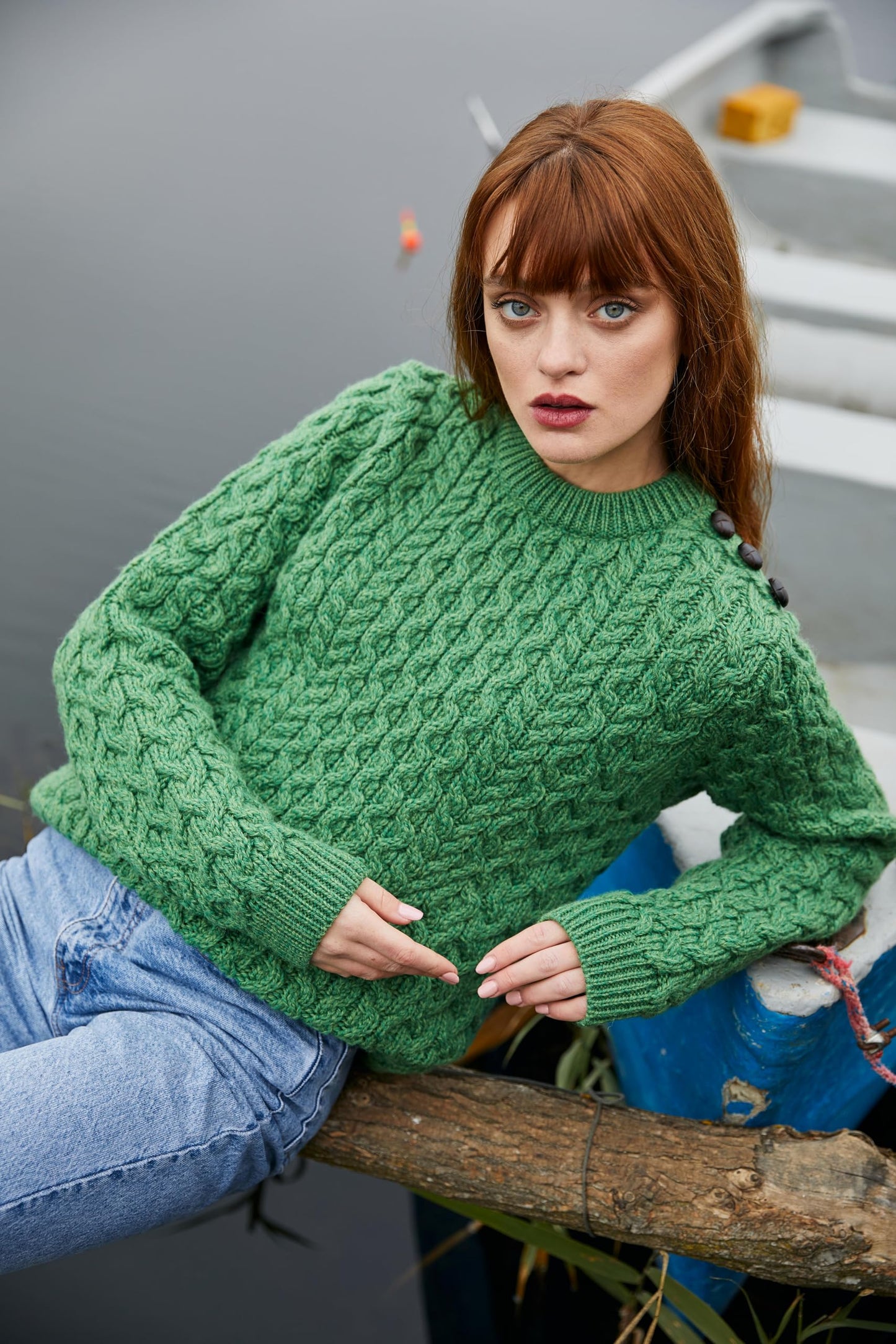 SAOL Women’s Merino Wool Sweater – Aran Knit with Side Buttons