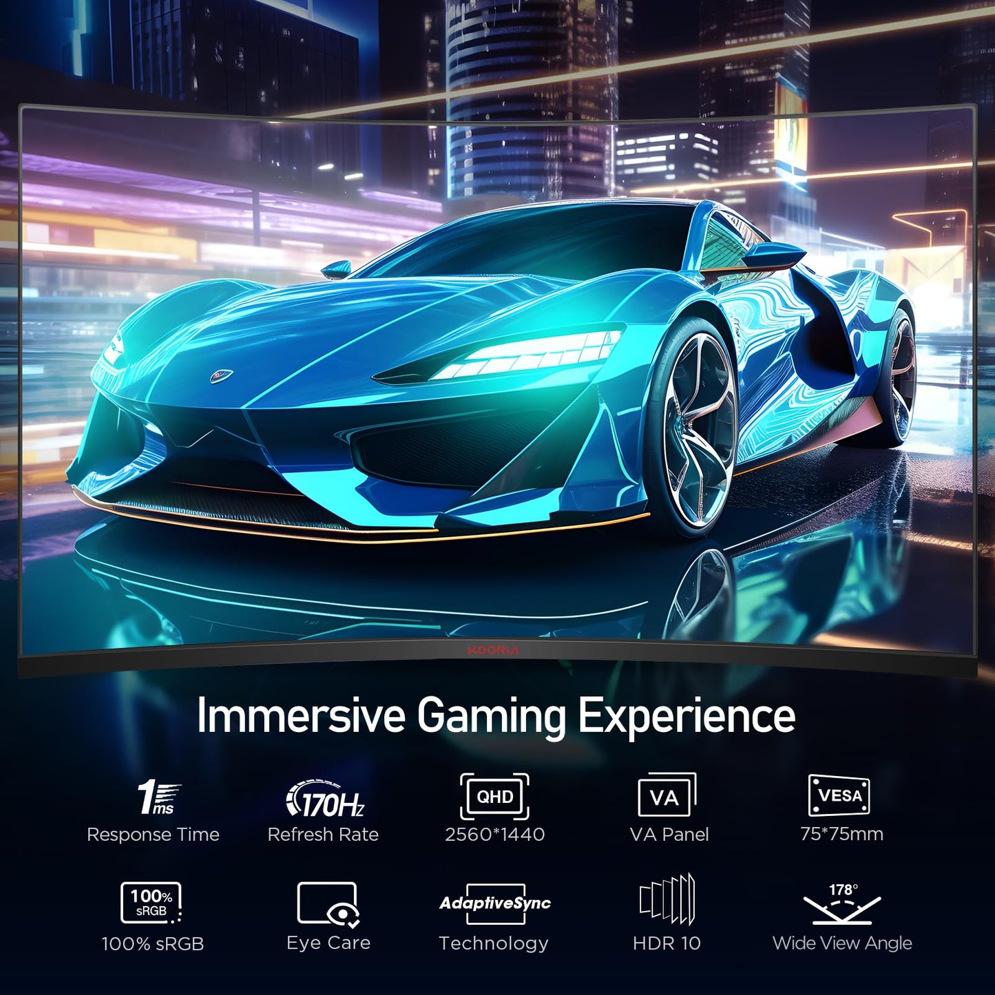 KOORUI 24 Zoll Curved Gaming Monitor, FHD 1080p, 1ms Reaktionszeit,180Hz Bildwiederholraten, HDMI 2.0/DP 1.2, 250cd/m² Helligkeit