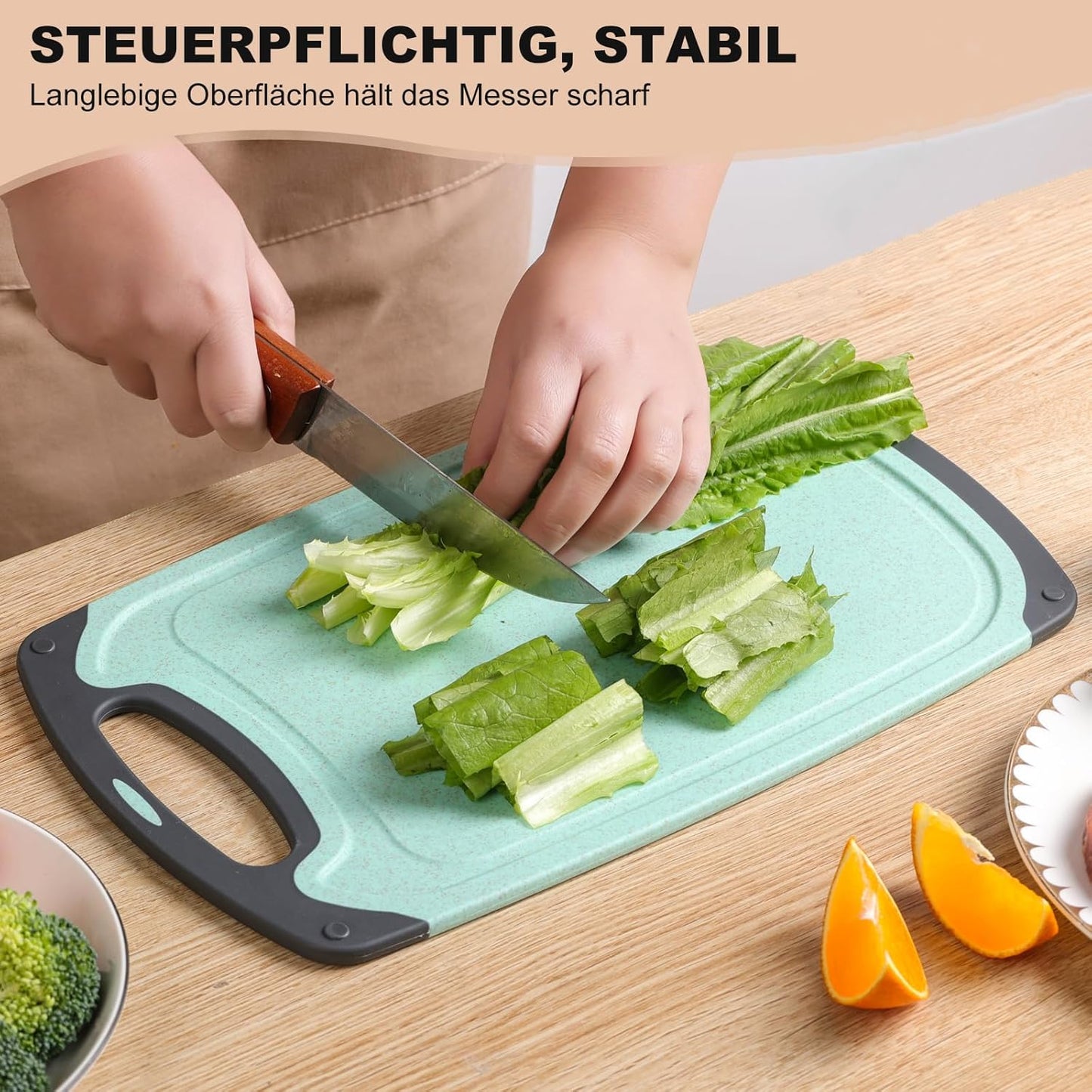 Schneidebrett Set 3 Stück Weizenstroh Küche Schneidebretter BPA Frei mit Saftrillen Leicht Zu Greifen, Hängenden Löchern, Rutschfestem, Spülmaschinenfestem Schneidebrett (Beige + Grün + Pink)