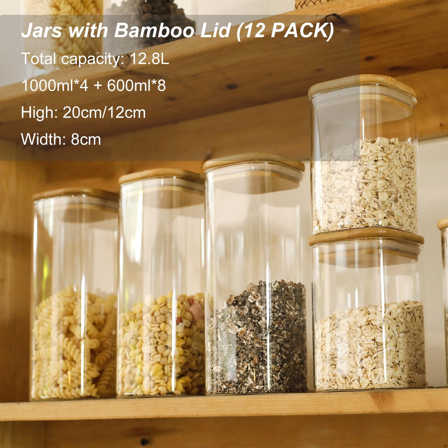 LIBWYS 12er Set Vorratsgläser mit Deckel Eckig Vorratsdose Glas - in 3 Größen: 720ml;1150 ml; 1580 ml - 12pcs Plus Edition