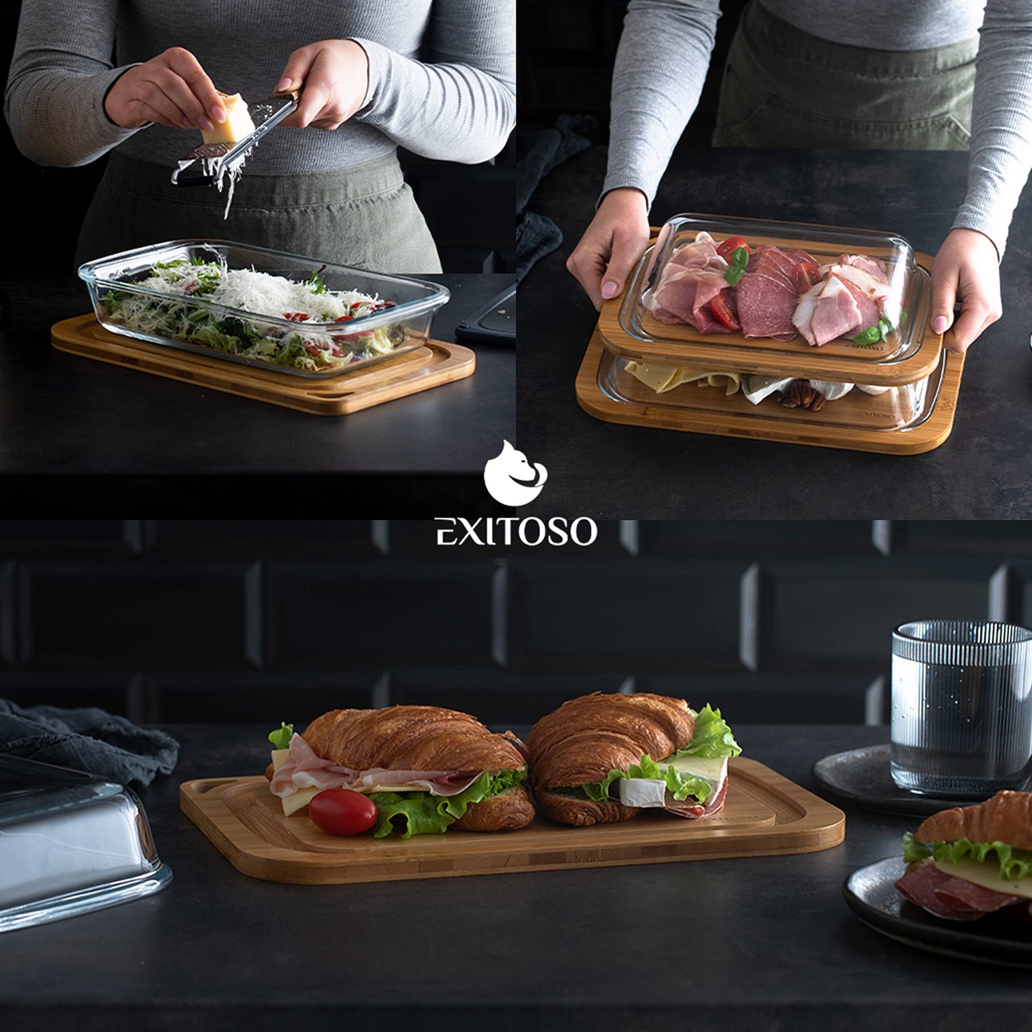 Exitoso 3-Piece Innovative Chopping Board Set | Non-Slip with Juice Groove and Handle | Dishwasher Safe | Antibacterial | Grey/Black Plastic