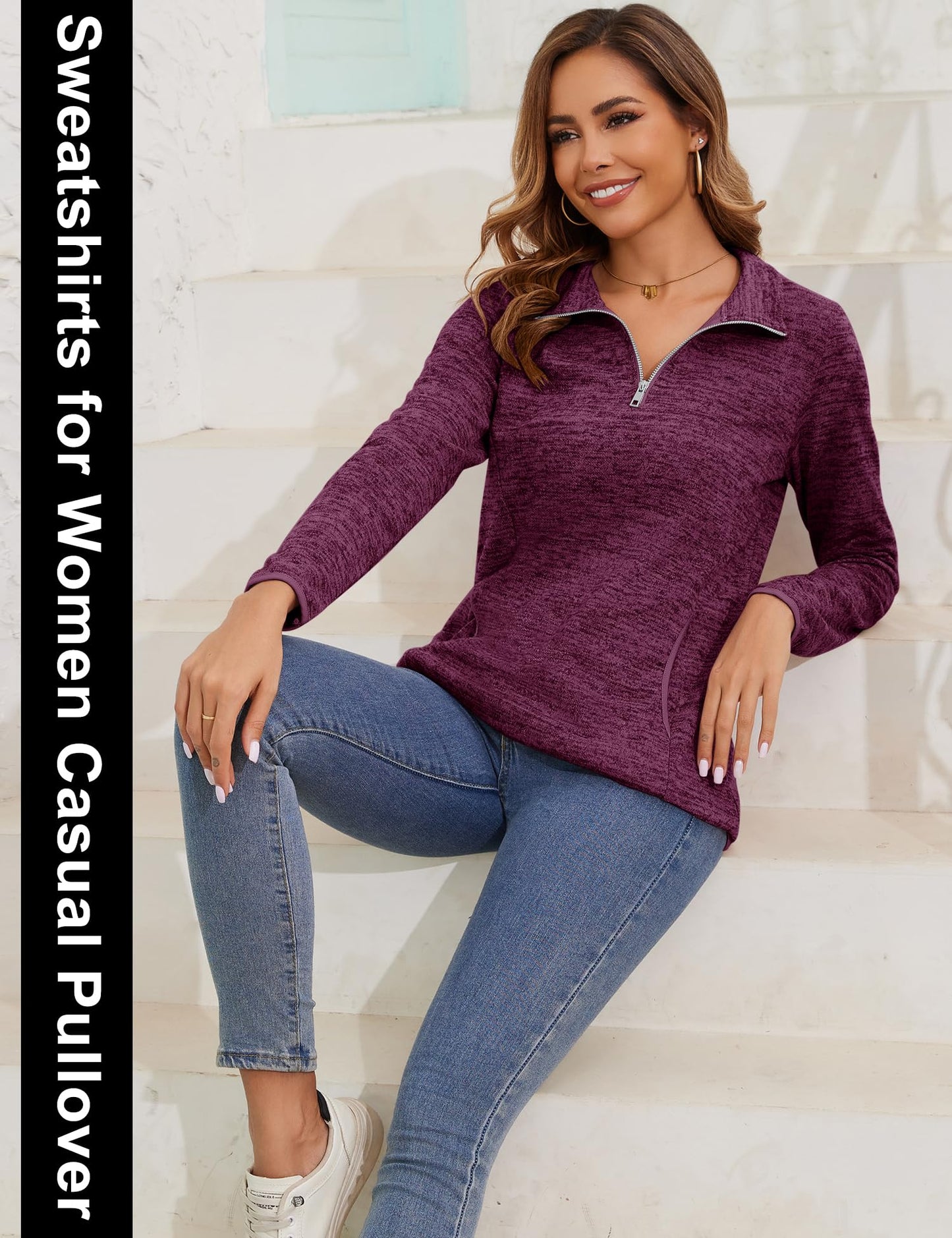 iWoo Women’s 1/4 Zip Pullover Sweatshirt – Casual Long Sleeve Top