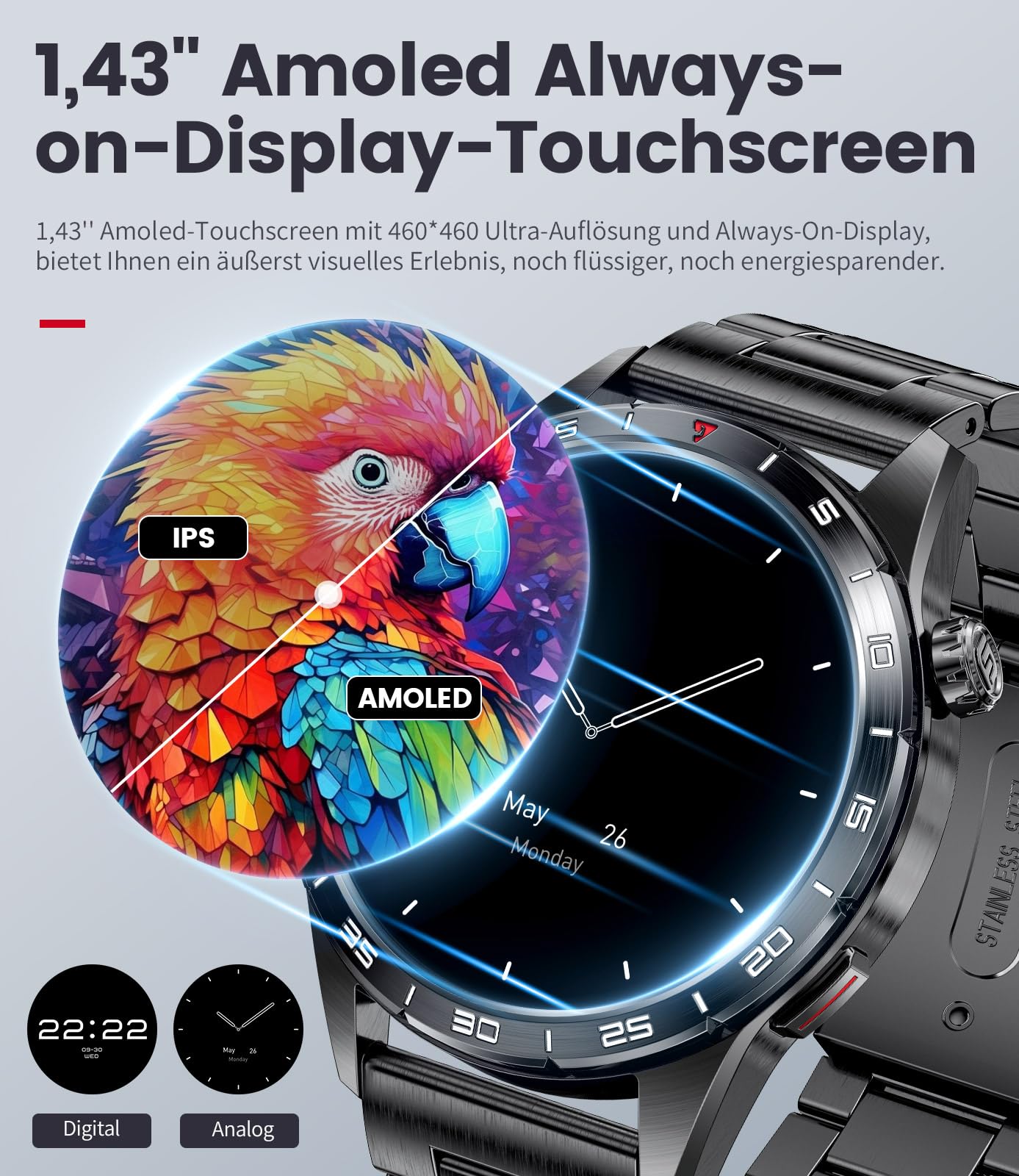 LIGE Smartwatch Herren mit 400mAh Lange Akkulaufzeit für Android iOS,1.43'' Amoled Display,110+ Sportmodi,Bluetooth-Anrufe,IP68 Wasserdicht Fitnessuhr mit Herzfrequenz, SpO2, Schlafmonitor,3 Armbänder