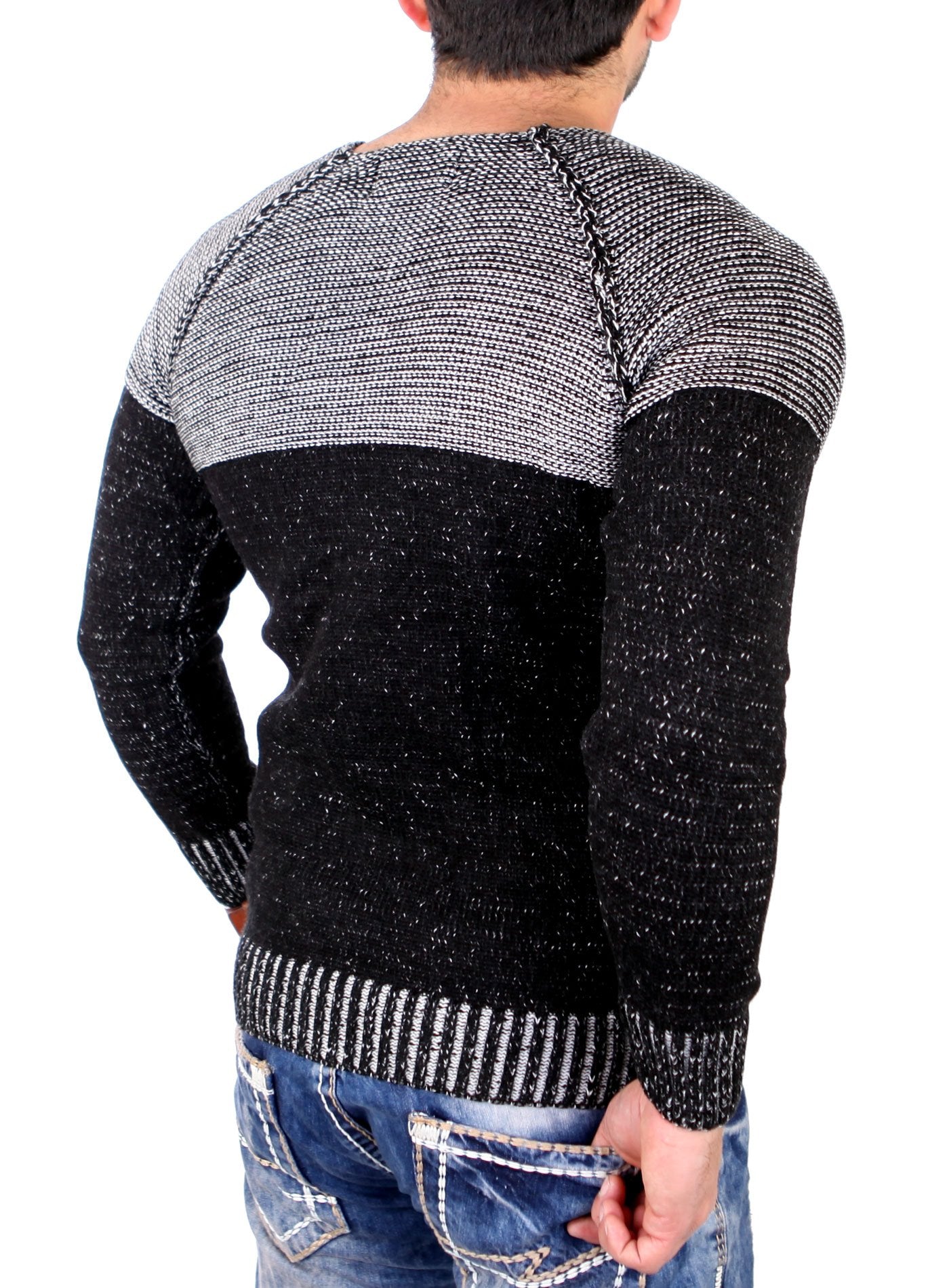 Reslad Men’s Two-Tone Chunky Knit Sweater – Slim Fit Crewneck Pullover