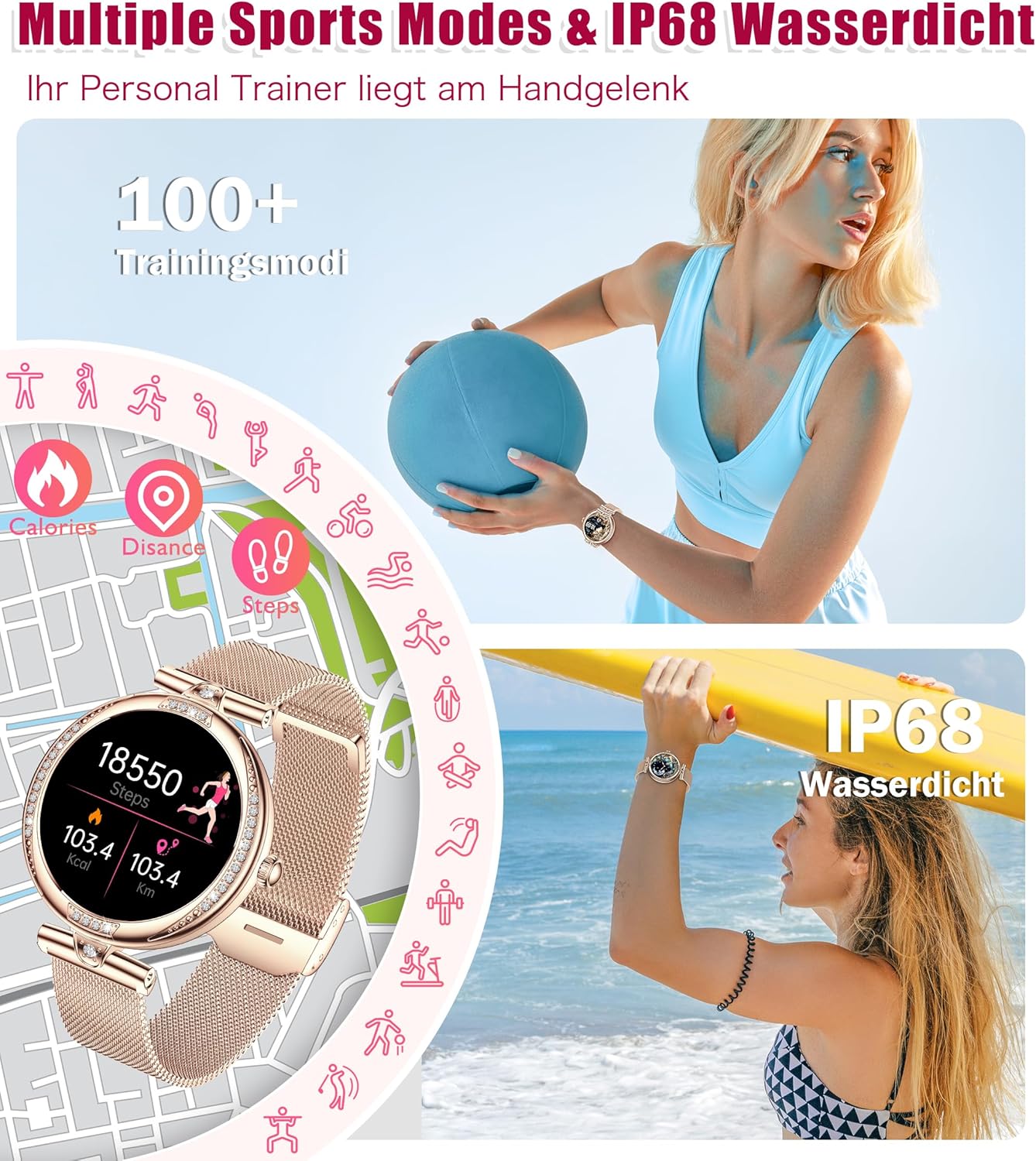 Smartwatch Damen mit Telefonfunktion 1.19" AMOLED Touchscreen IP68 Diamond Smart Watch mit Blutdruckmessung Pulsmesser Schlafmonitor SpO2 Menstruationszyklus für iOS Android (Rosegold)