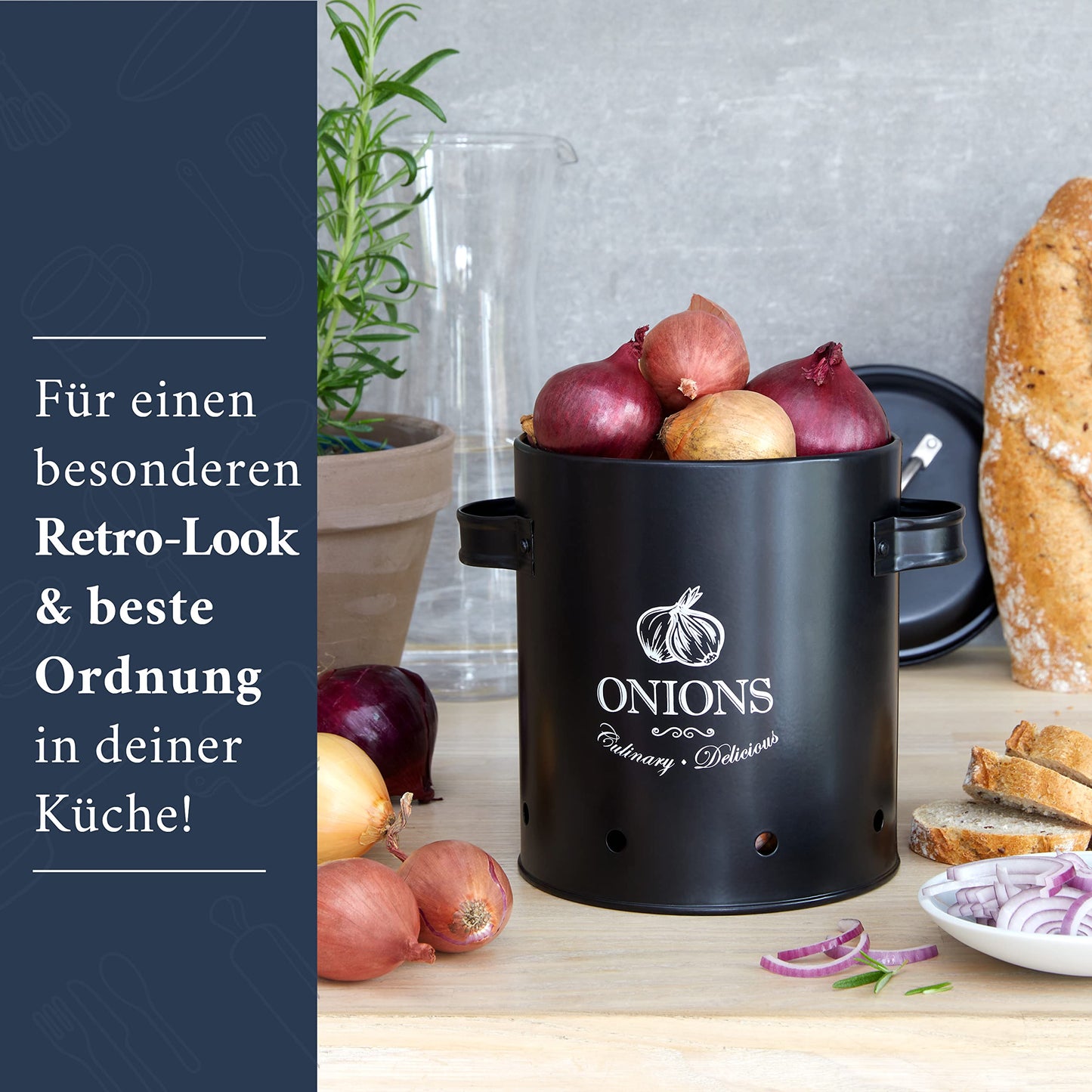 HIKITCHEN® Vorratsbehälter-Set für länger frisches Gemüse (schwarz) - Stilvolle Kartoffel-, Knoblauch- und Zwiebel-box/topf - Gemüsebehälter