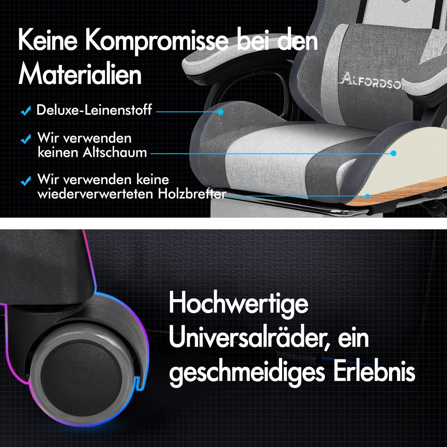 ALFORDSON Gaming Stuhl mit 8-Punkt Massage 12 Farben RGB LED-Licht, Bürostuhl Ergonomisch mit fußstützen, Kopfstütze Lendenkissen für Kinder Erwachsene, Schwarz