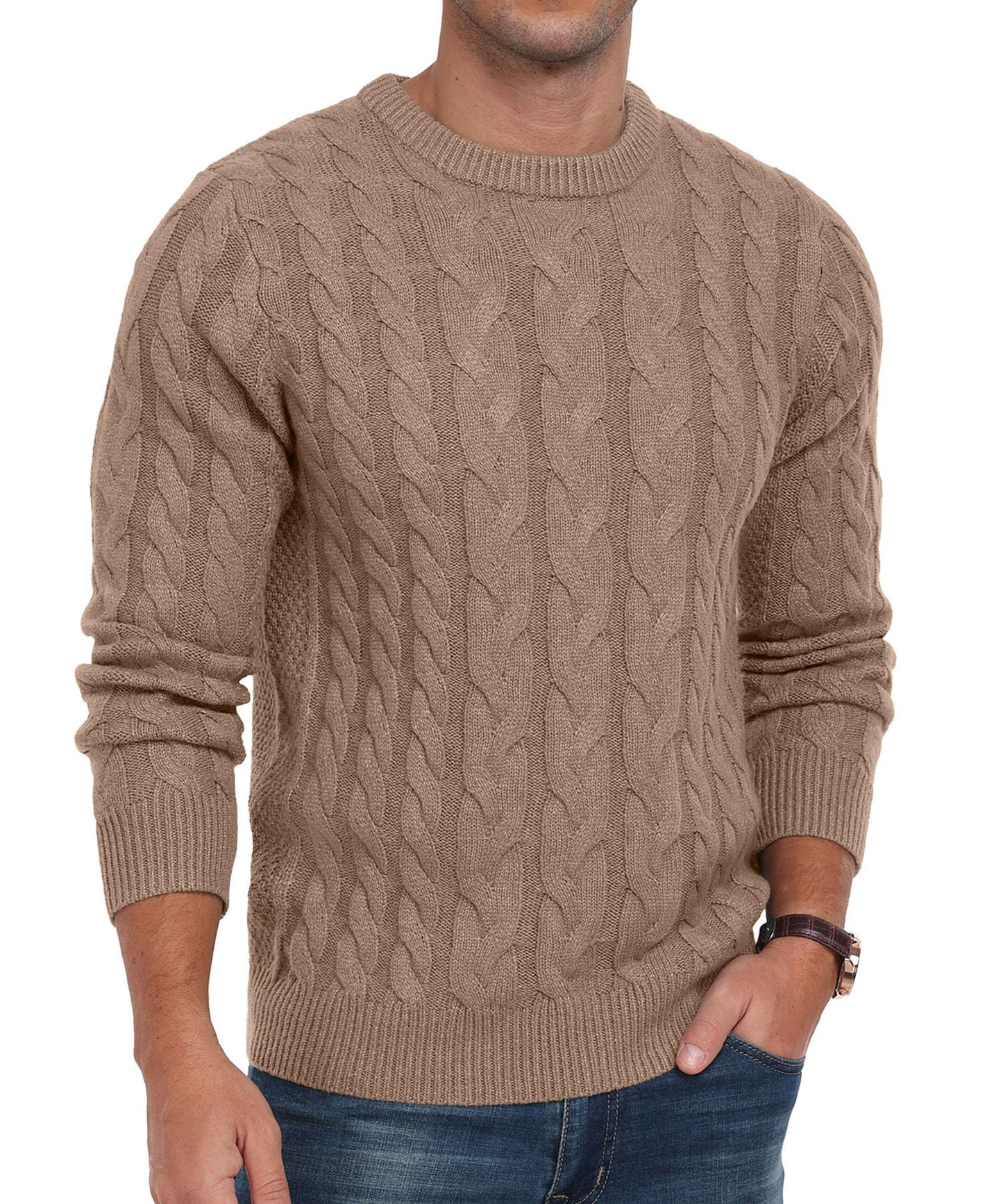 QIXING Men’s Cable Knit Sweater – Chunky Crewneck Pullover