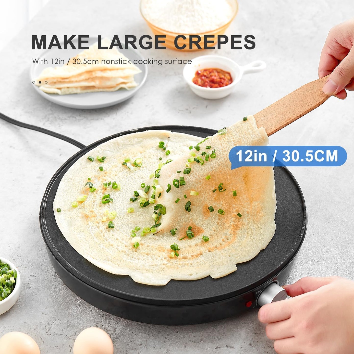 Yabano Crepe Maker, Diameter 30 cm, Retro Pancake Maker with Spatula and Dough Distributor, Crepe Iron for Sweet Crepes and Savoury Galettes
