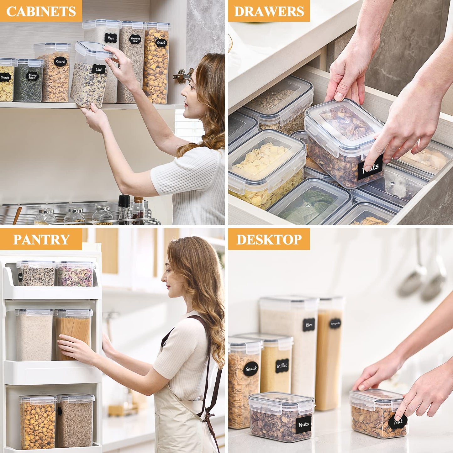 Storage Jars with Lid, Airtight, Large, 4 L, Set of 4, BPA-Free, Storage Box, Kitchen, Moth-Proof Kitchen Organiser, Flour, Spaghetti Cornflakes, Cereal Storage, Storage Container with Labels