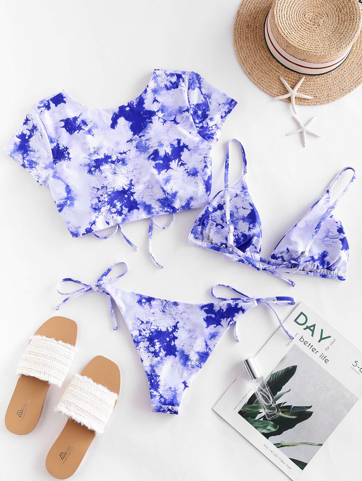 ZAFUL Padded Bikini Set Tie-Dye Triangle Top Low Waist Swim Shorts