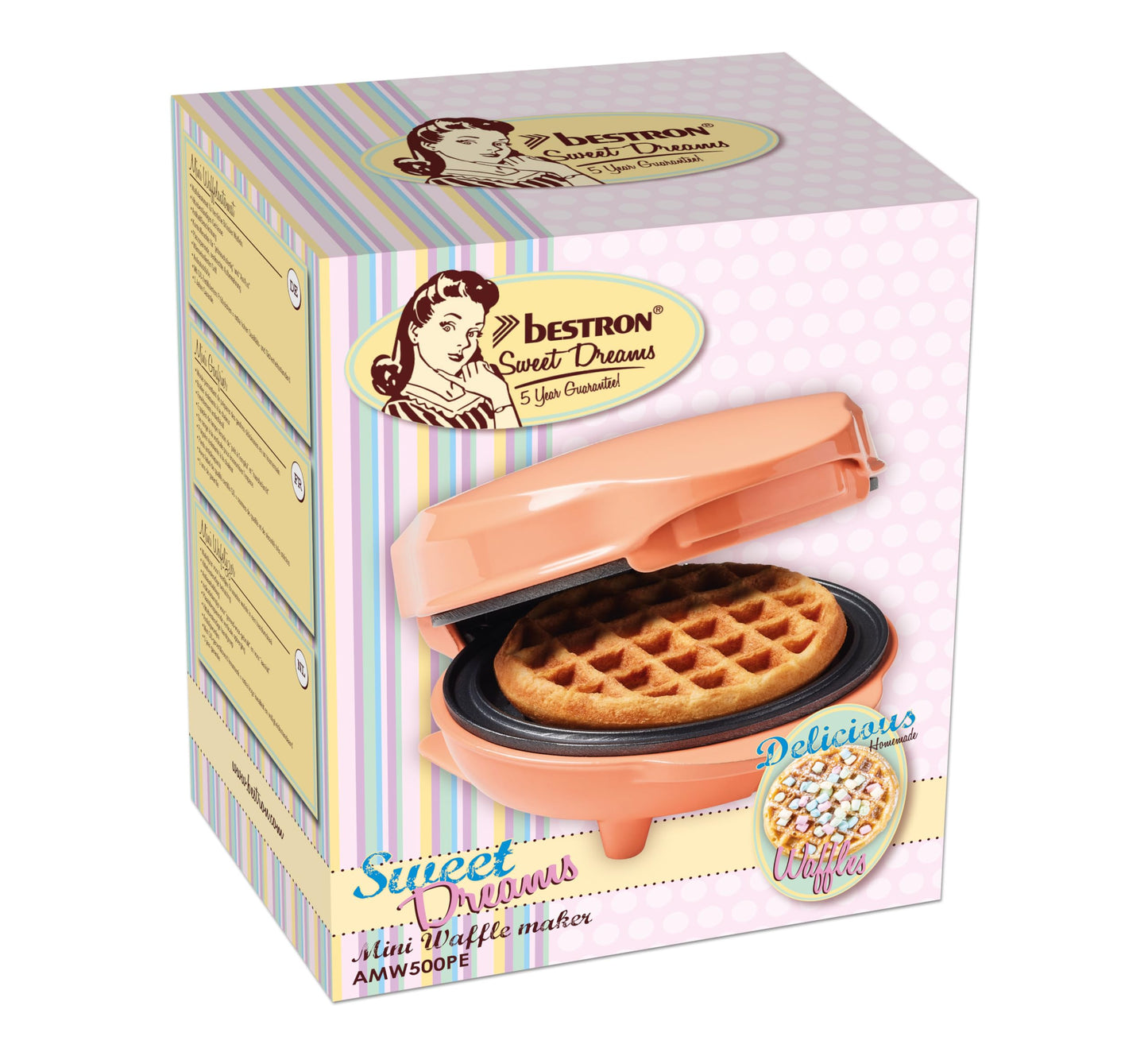 Bestron Mini-Waffeleisen für klassische Waffeln, kleiner Waffelmaker mit Antihaftbeschichtung, für Kindergeburtstage, Familienfeiern, Ostern oder Weihnachten, Retro Design, 550 Watt, Farbe: Rosa