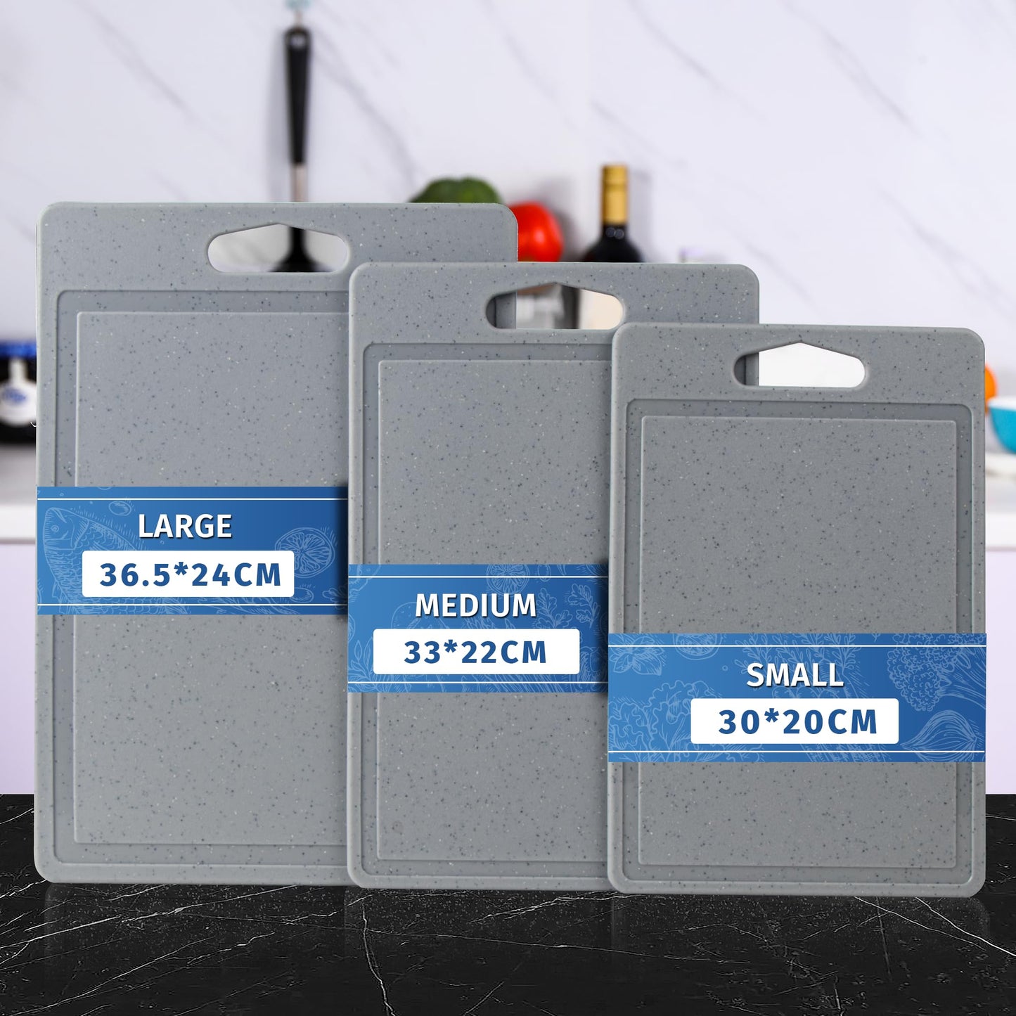 DIFULI Schneidebrett Set 3-teilig Granitoptik, 100% Rutschfeste Aufkleber und Saftkanal, BPA-Free, mit Griff Schneidebretter Kunststoff Antibakteriell, Küchenzubehör, Küchen Gadgets, Küchenhelfer