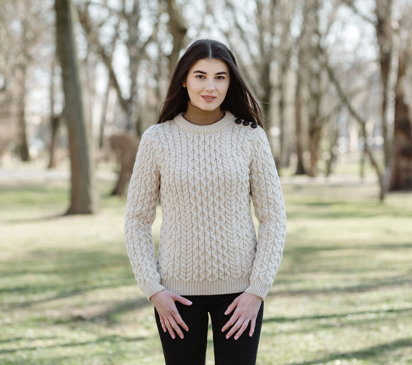 SAOL Women’s Merino Wool Sweater – Aran Knit with Side Buttons