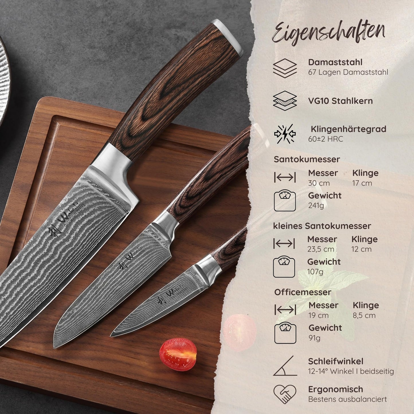 Wakoli EDIB 3er Damastmesser Set mit 8-17cm Klingen gefertigt aus 67 Lagen echtem Damaststahl mit Pakkaholzgriff in Holzbox I Premium Messerset Damast & Profi Küchenmesser