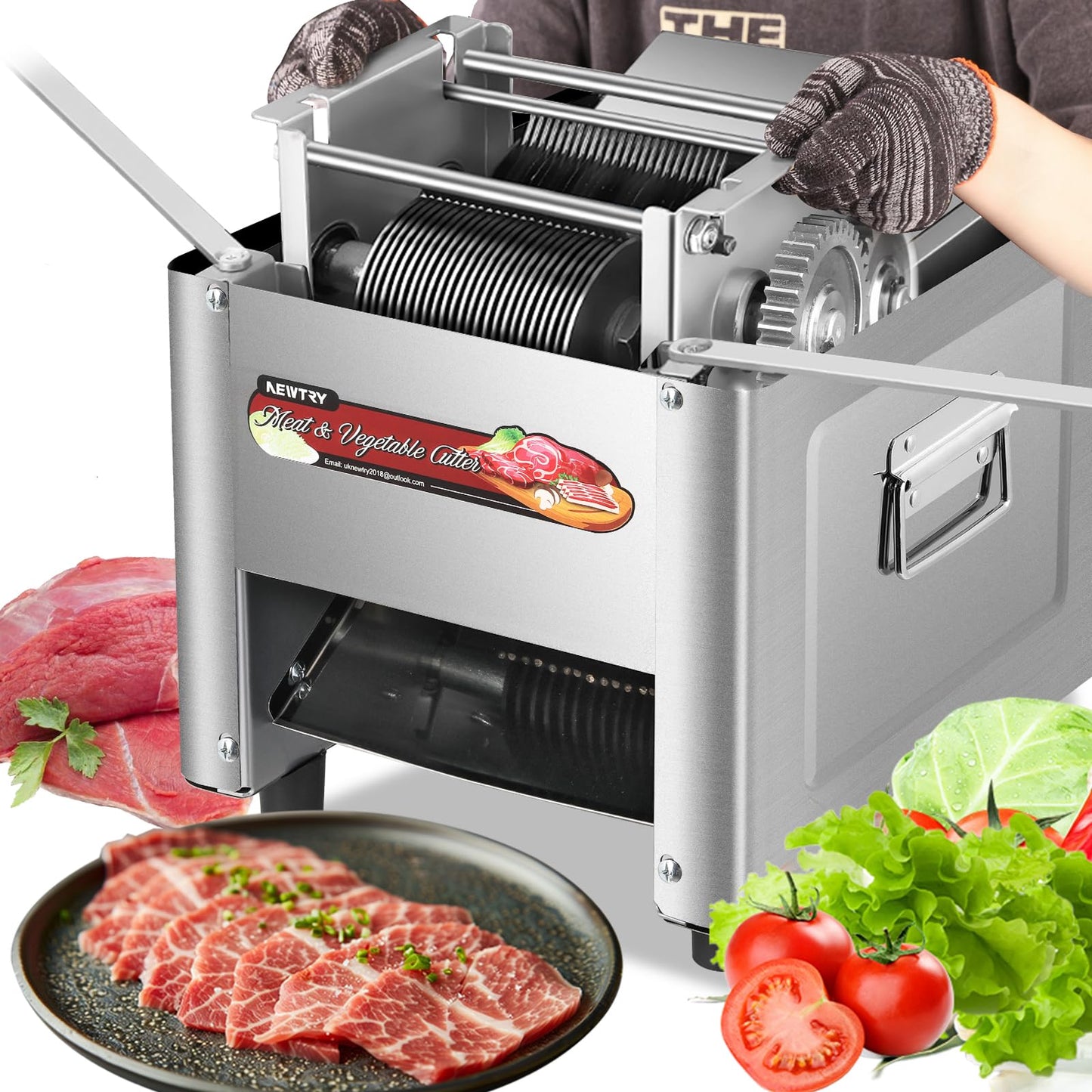 NEWTRY Kommerzielle Fleischschneidemaschine zum Schneiden, Zerteilen und Würfeln von Fleisch mit 5 mm Klingen,750 W, elektrische allesschneider für Küche Metzgereien und Restaurants