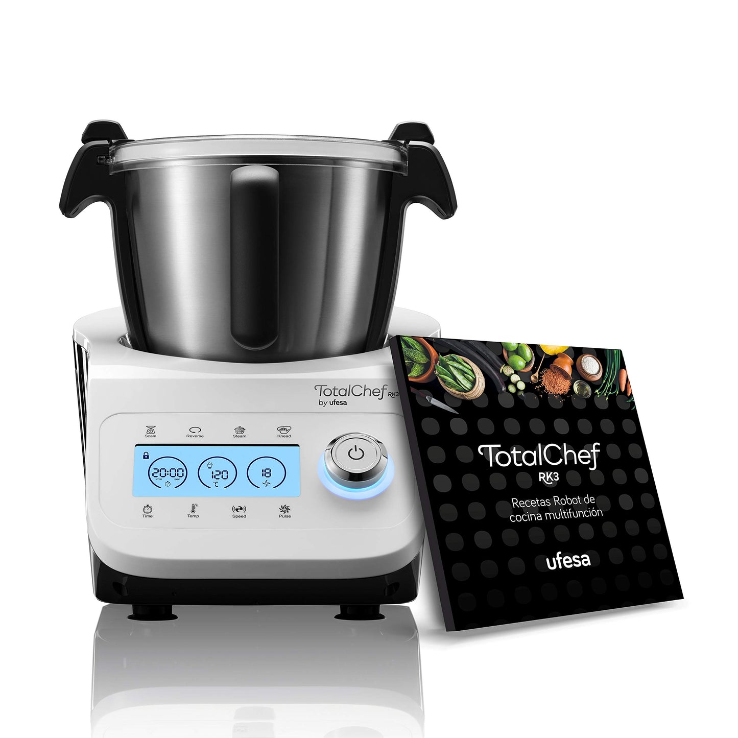 Ufesa TotalChef RK7 Küchenmaschine mit WLAN, Multifunktions Küchenroboter mit Kochfunktion, Kochroboter 30 Funktionen, 4.5L, 7-Zoll-Touchscreen, Interaktives Rezeptbuch, Silber / Weiss