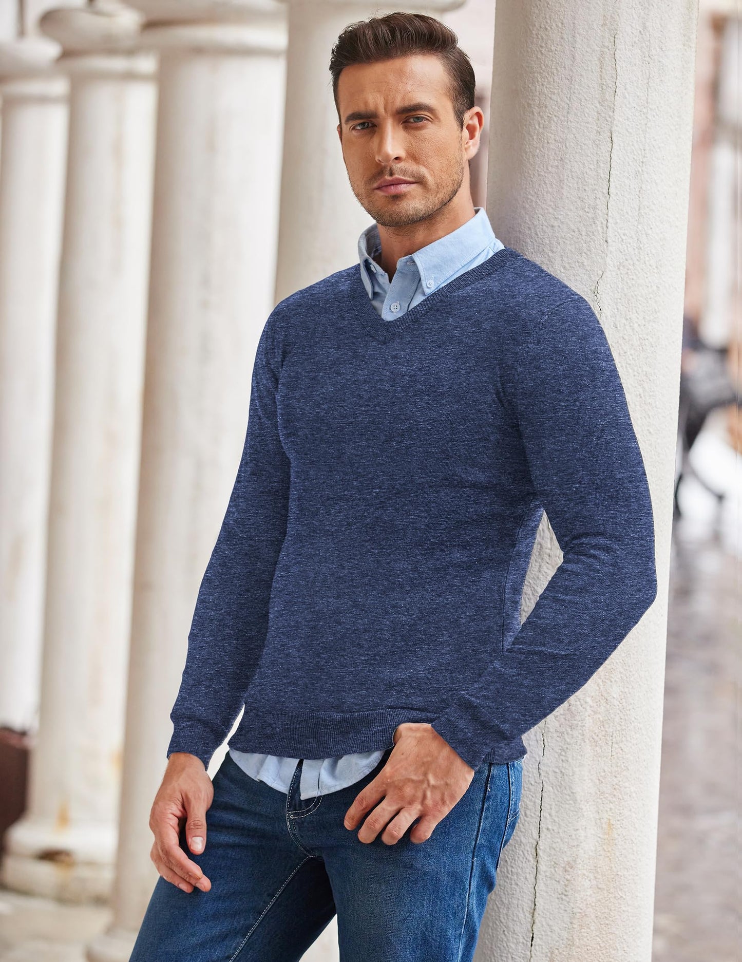 COOFANDY Men’s V-Neck Knit Sweater – Classic Long Sleeve Pullover