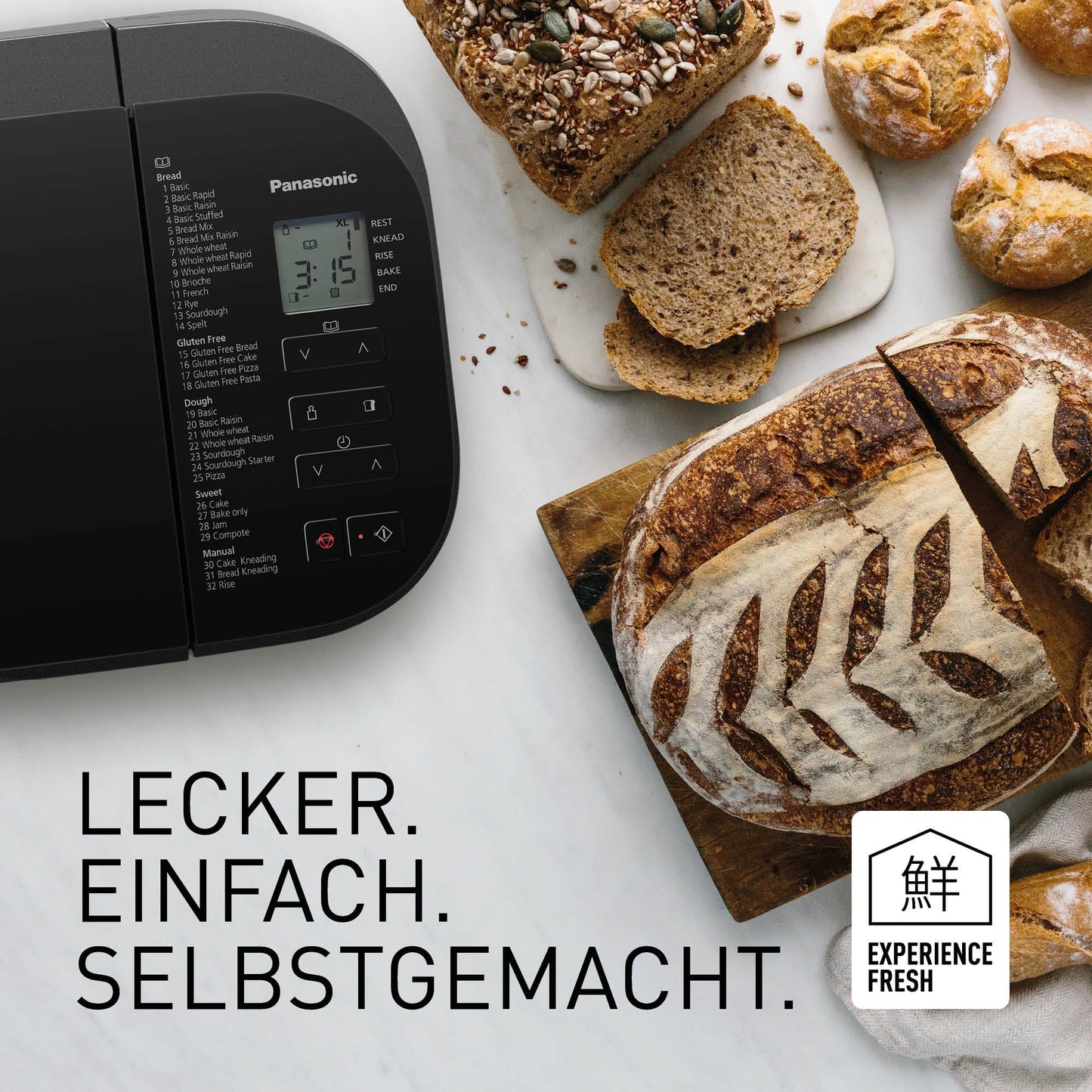 Panasonic Premium Grau Vollautomatischer Brotbackautomat, horizontales Design und Hefespender, 32 automatische Programme, zwei Temperatursensoren, 13-Stunden-Zeitvorwahl, Grau
