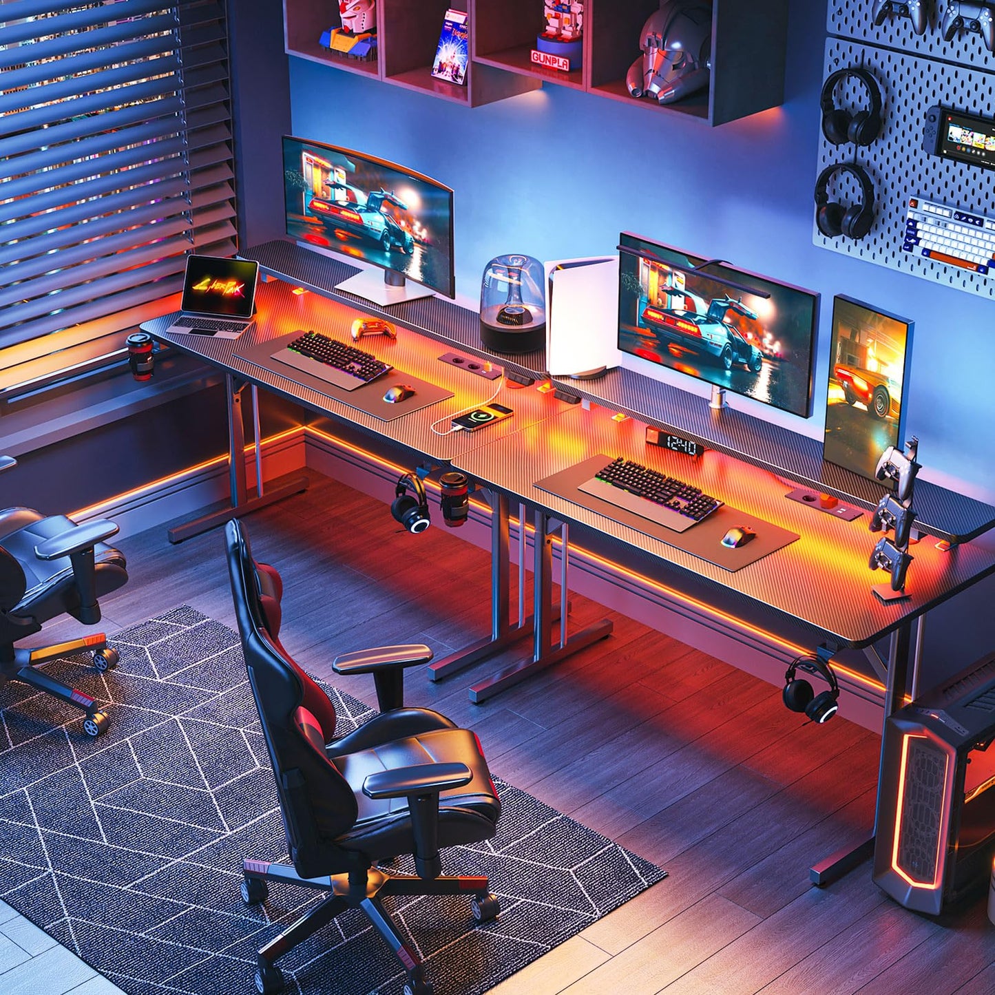 ODK Gaming Tisch, Kleiner Gaming Schreibtisch mit LED Beleuchtung & Steckdosen, Computertisch mit Monitorablage, Carbon Fiber Schwarz PC Gamer Tisch 100cm