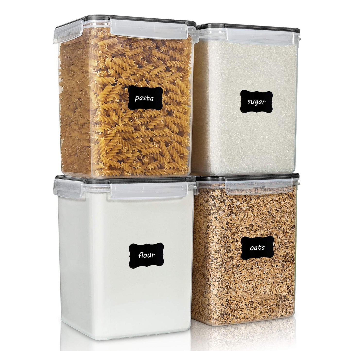 Vtopmart 5.2L Groß Vorratsdosen mit Deckel Luftdicht, 4 Stück Plastik Aufbewahrungsbox Küche Organizer BPA Frei, Aufbewahrung Vorratsbehälter für Zucker und Mehl mit Etiketten und Messbechern