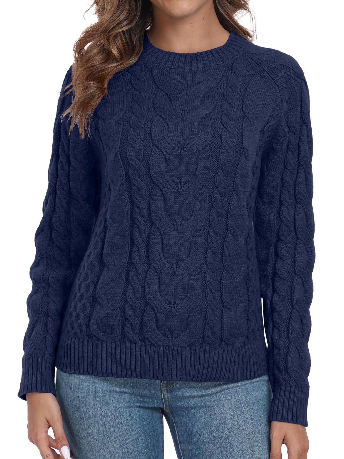 QIXING Women's Cable Knit Sweater – Elegant Long Sleeve Round Neck Winter Pullover