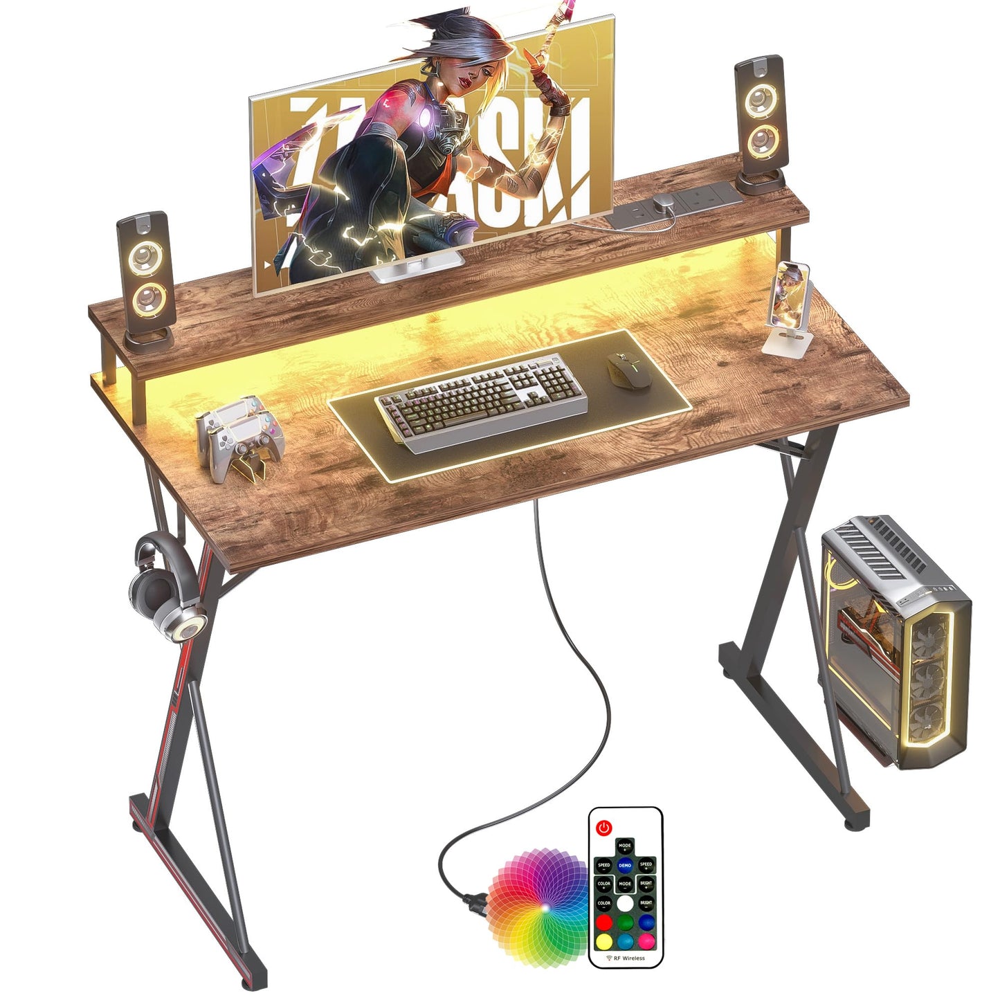 BEXEVUE Gaming Schreibtisch mit Steckdosenleiste LED – 100x50 cm Ergonomic Computer Gamer Tisch, Großer PC Monitorständer, Moderner X Rahmen, Kopfhörerhaken, Studium Arbeit Zuhause Schlafzimmer