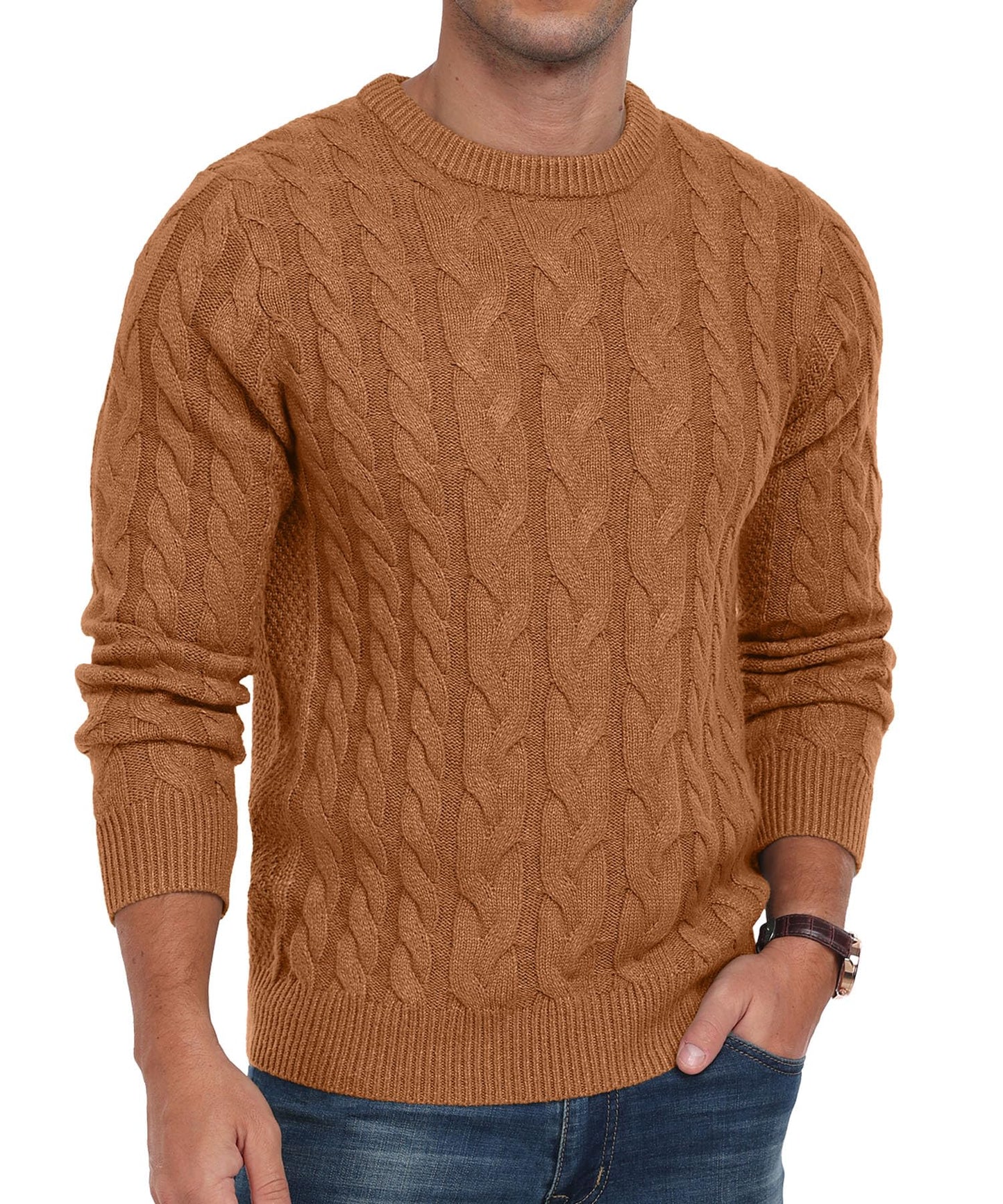 QIXING Men’s Cable Knit Sweater – Chunky Crewneck Pullover