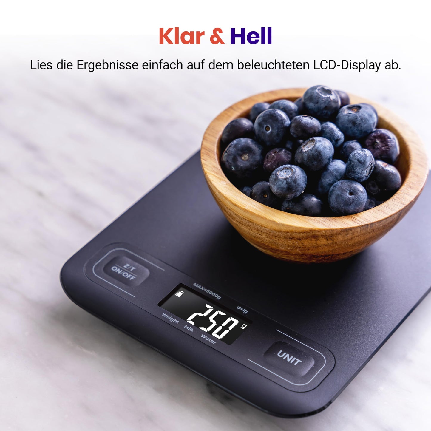 ETEKCITY Küchenwaage, digital 5KG mit großem LCD-Display,Digitalwaage, Briefwaage mit Großer Edelstahl Wiegefläche, Flüssigkeitsmessung, hohe Präzision auf bis zu 1g, Tara-Funktion, Silber