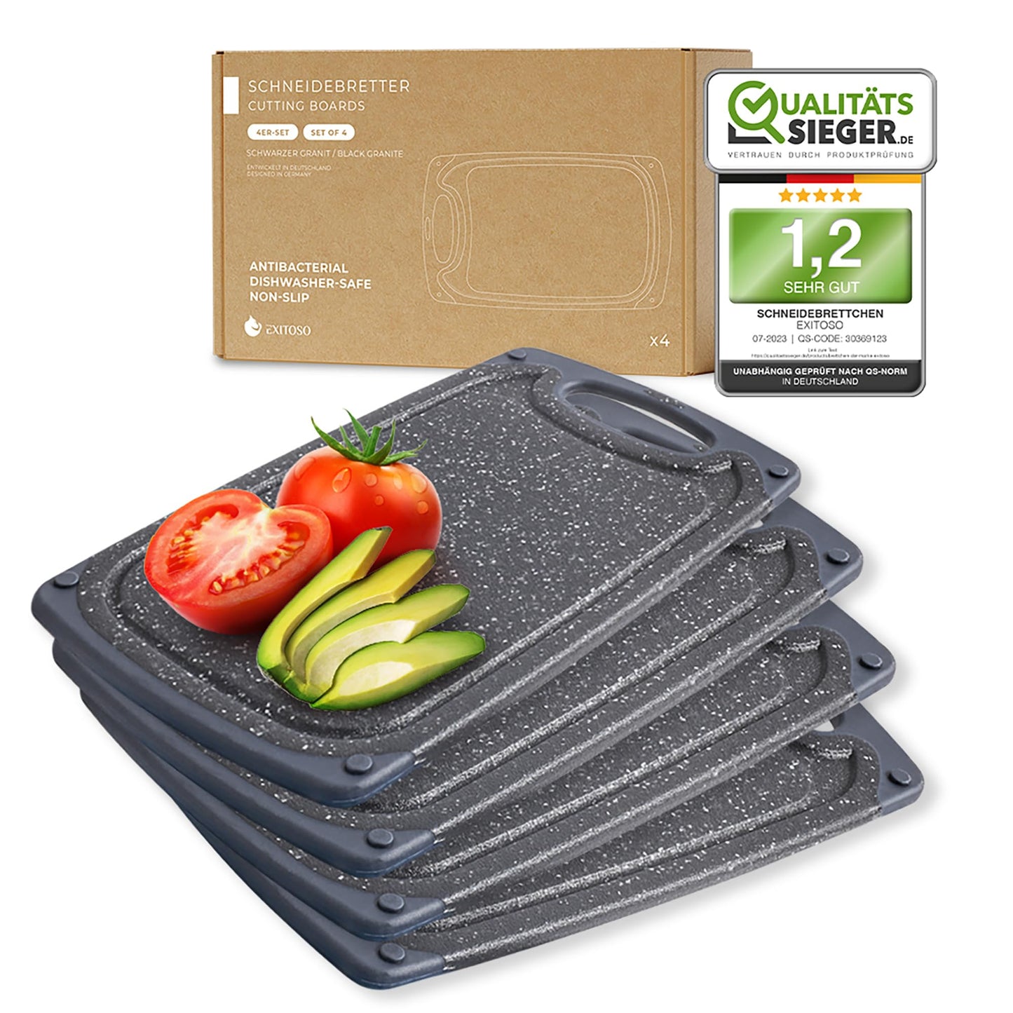 Exitoso 3-Piece Innovative Chopping Board Set | Non-Slip with Juice Groove and Handle | Dishwasher Safe | Antibacterial | Grey/Black Plastic