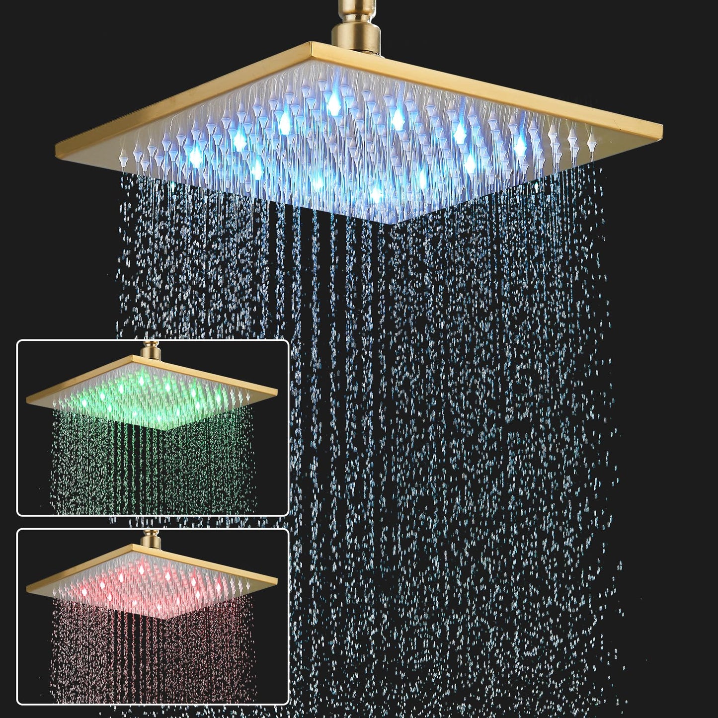 JUNSOTTOR 30 * 30cm Luxus LED Regendusche Einbau-Duschkopf Deckenbrause Quadrat Überkopfbrause Farbewelchseln nach Temperatur aus Messing Schwarz