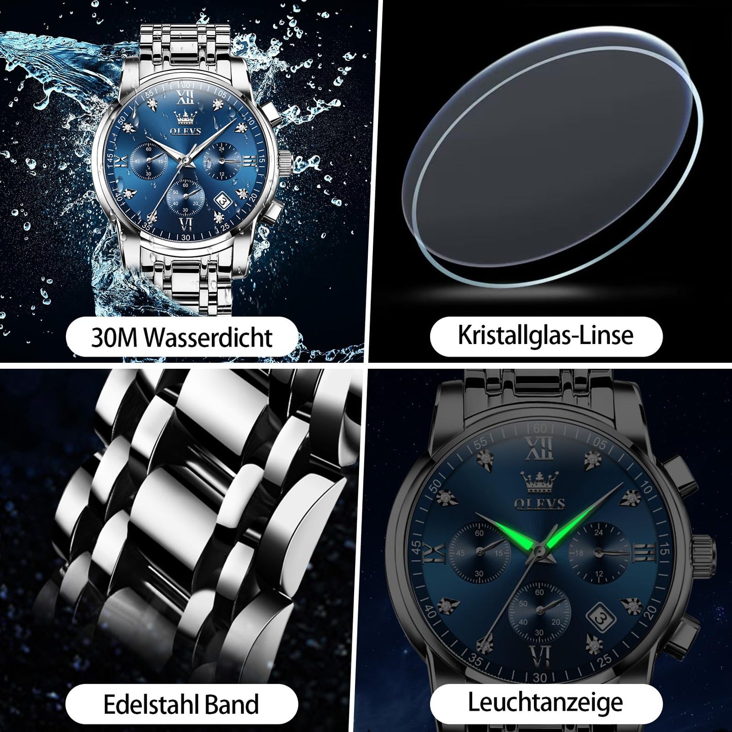 OLEVS Uhren Herren, Edelstahl Analoger Quarzuhr, Multifunktionale Diamanten Herrenuhren, Klassisches Luxuskleid Herrenuhr