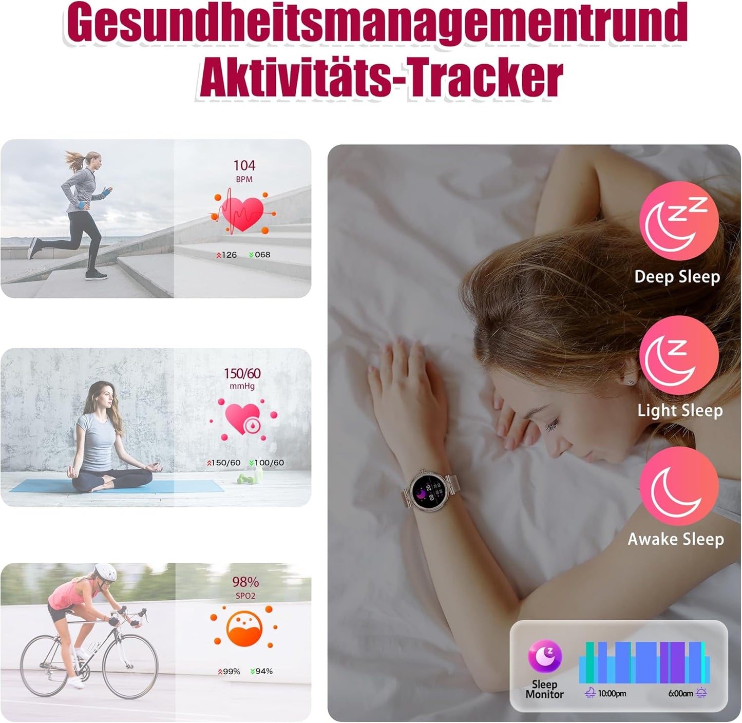 Smartwatch Damen mit Telefonfunktion 1.19" AMOLED Touchscreen IP68 Diamond Smart Watch mit Blutdruckmessung Pulsmesser Schlafmonitor SpO2 Menstruationszyklus für iOS Android (Rosegold)